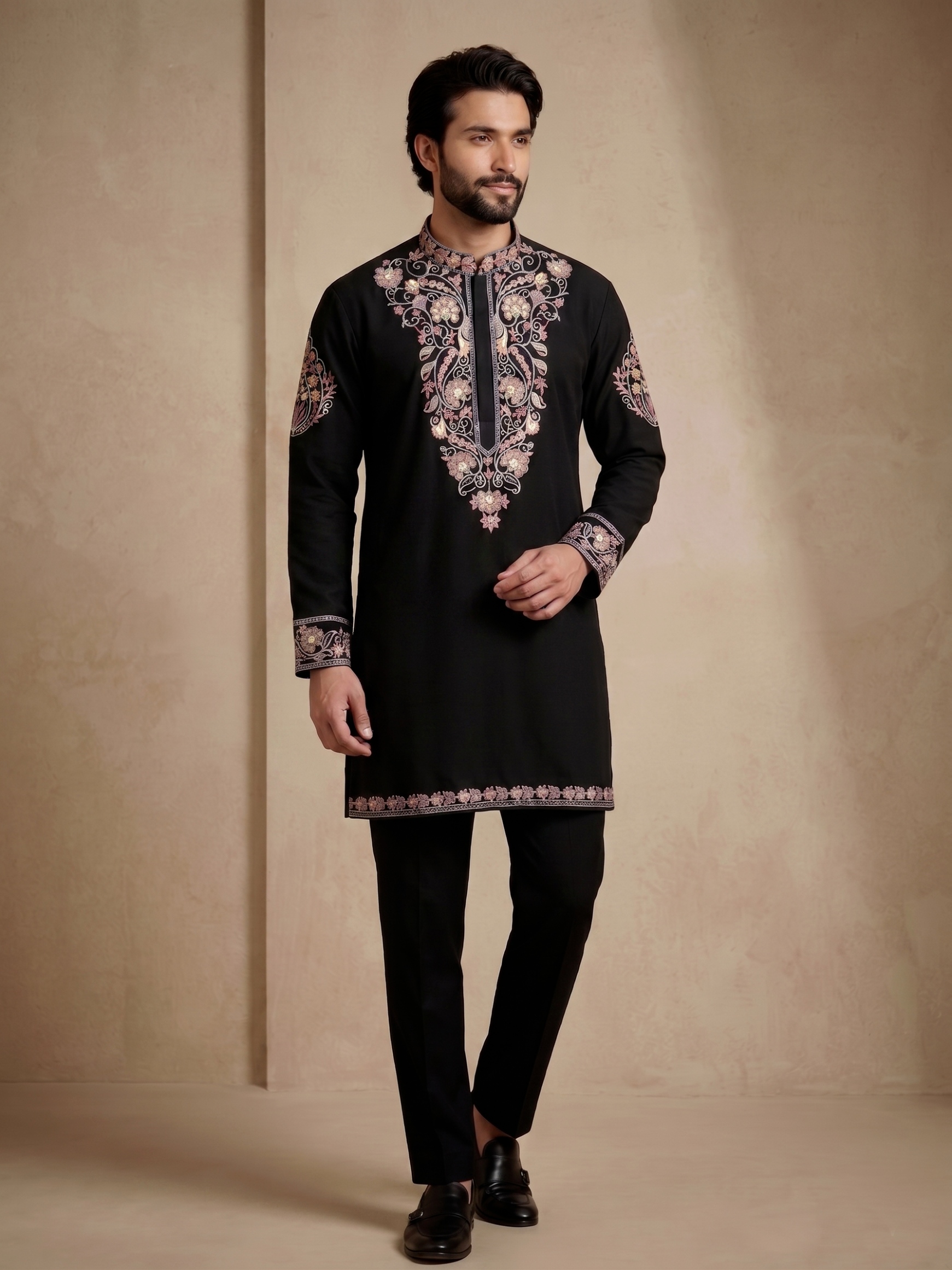 Black Floral Thread Embroidery Armani Kurta Pyjama