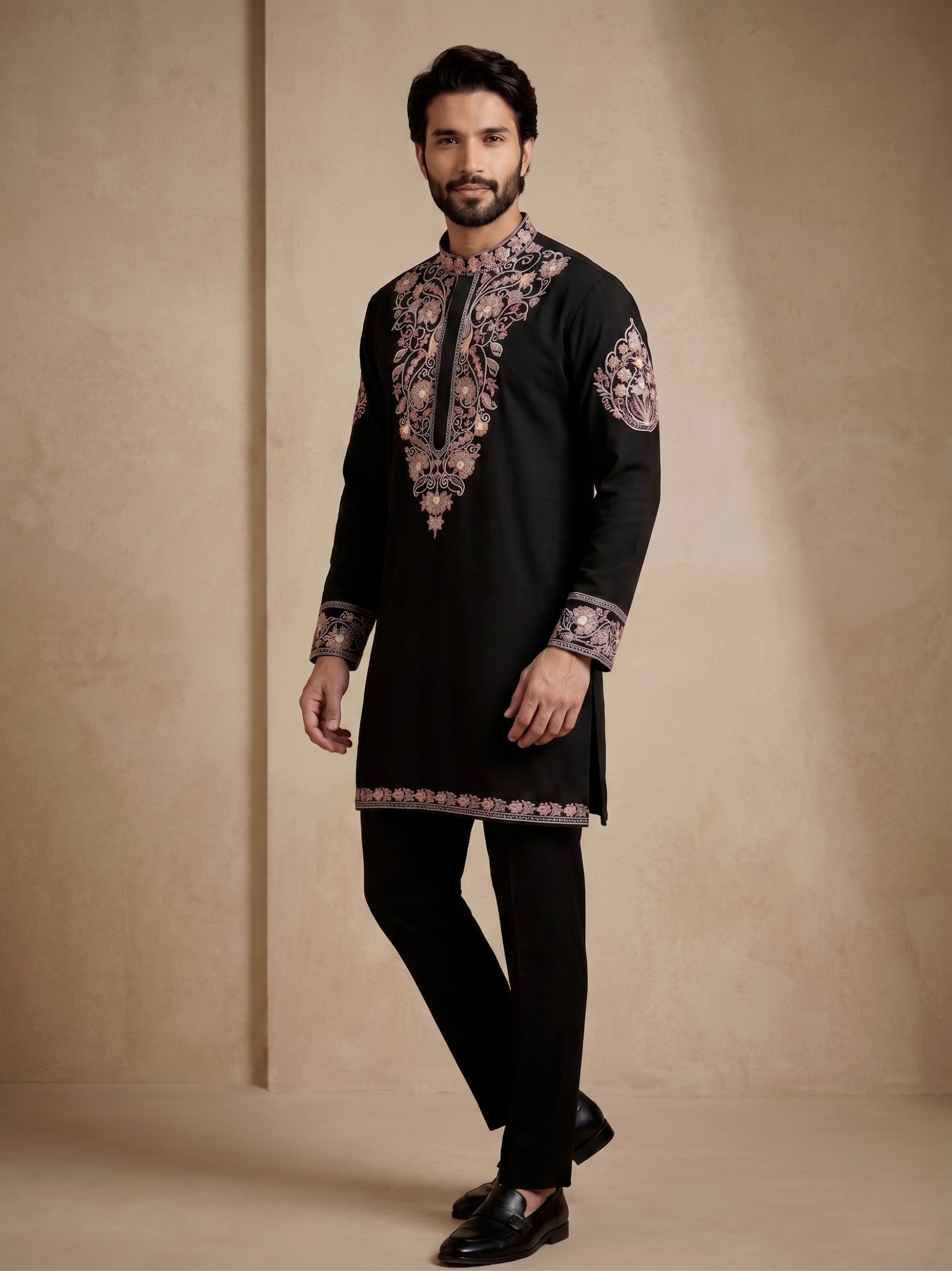 Black Floral Thread Embroidery Armani Kurta Pyjama — alternate view