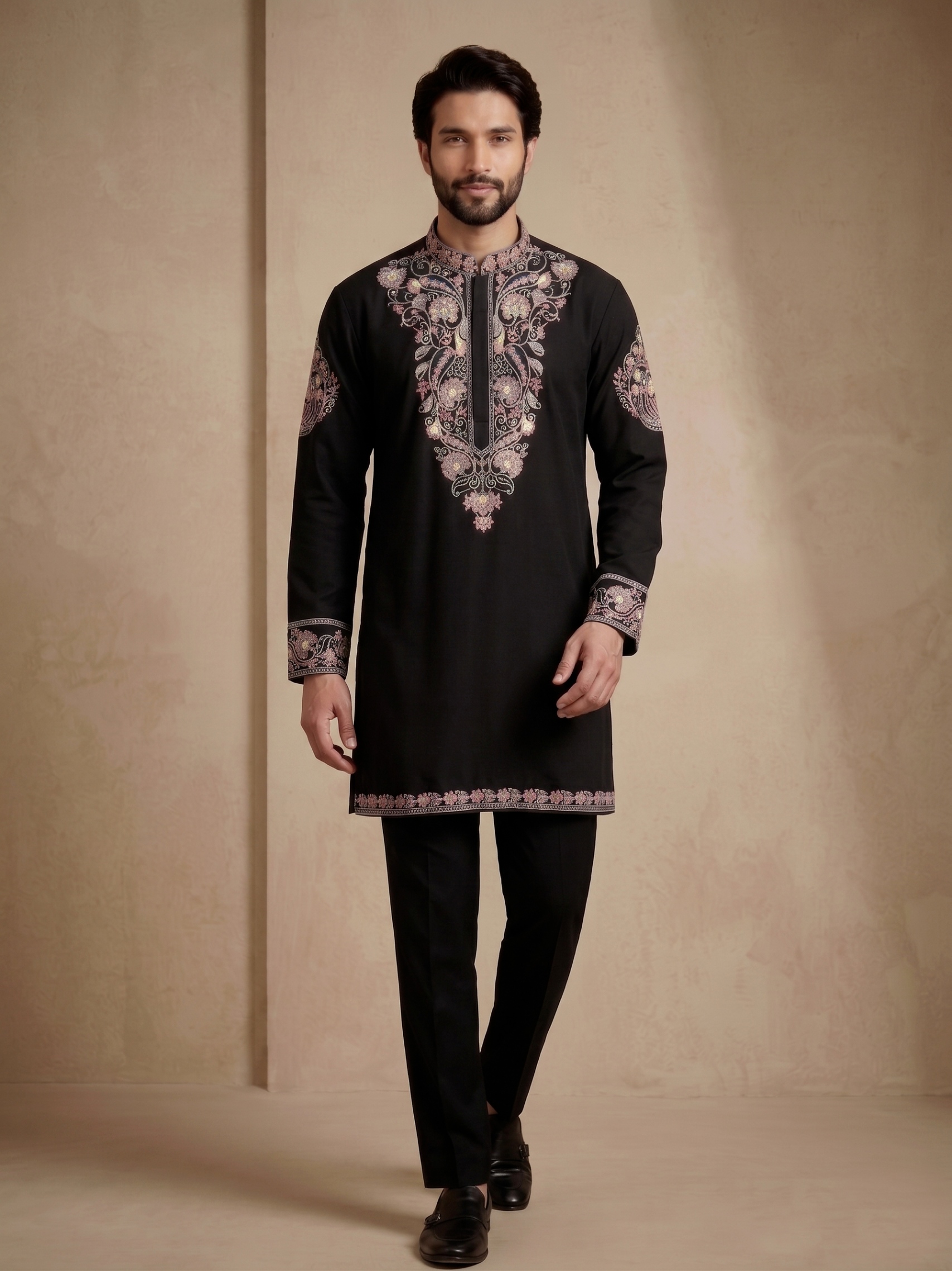 Black Floral Thread Embroidery Armani Kurta Pyjama