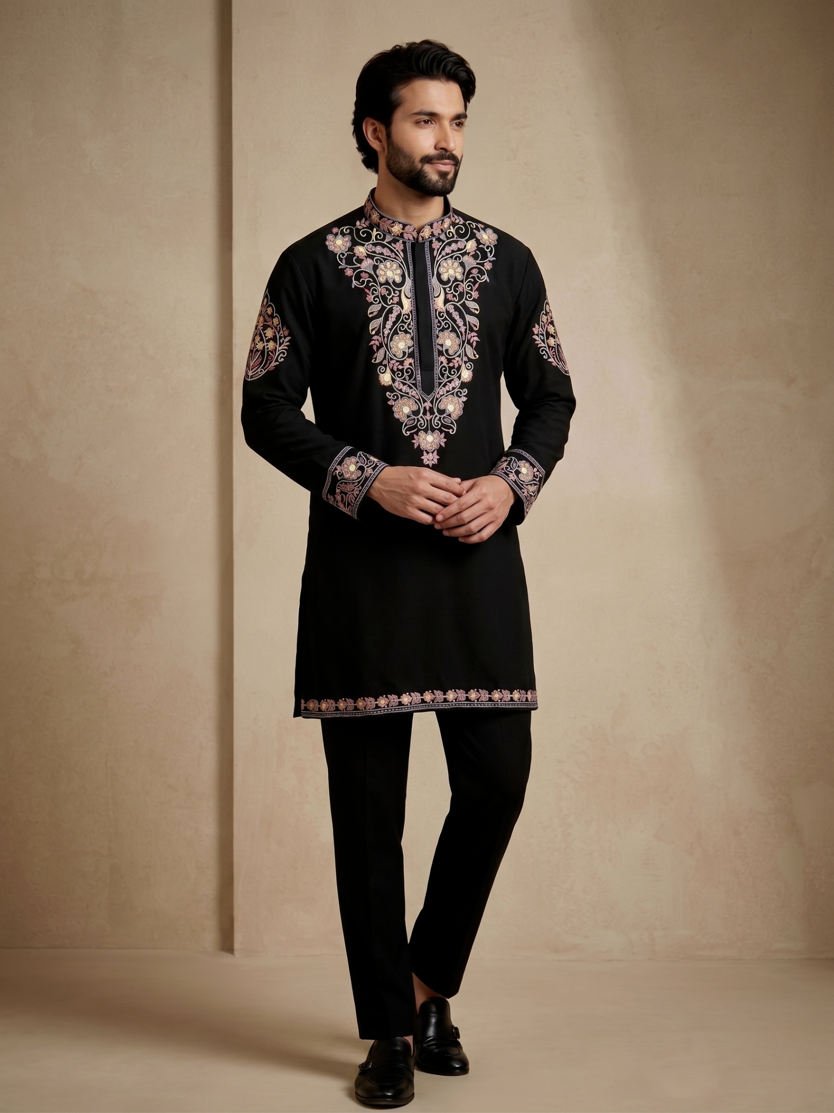 Black Floral Thread Embroidery Armani Kurta Pyjama