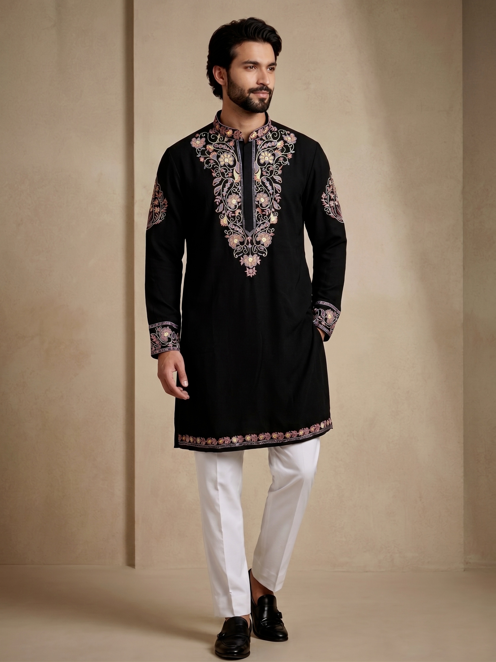 Black Floral Thread Embroidery Armani White Kurta Pyjama