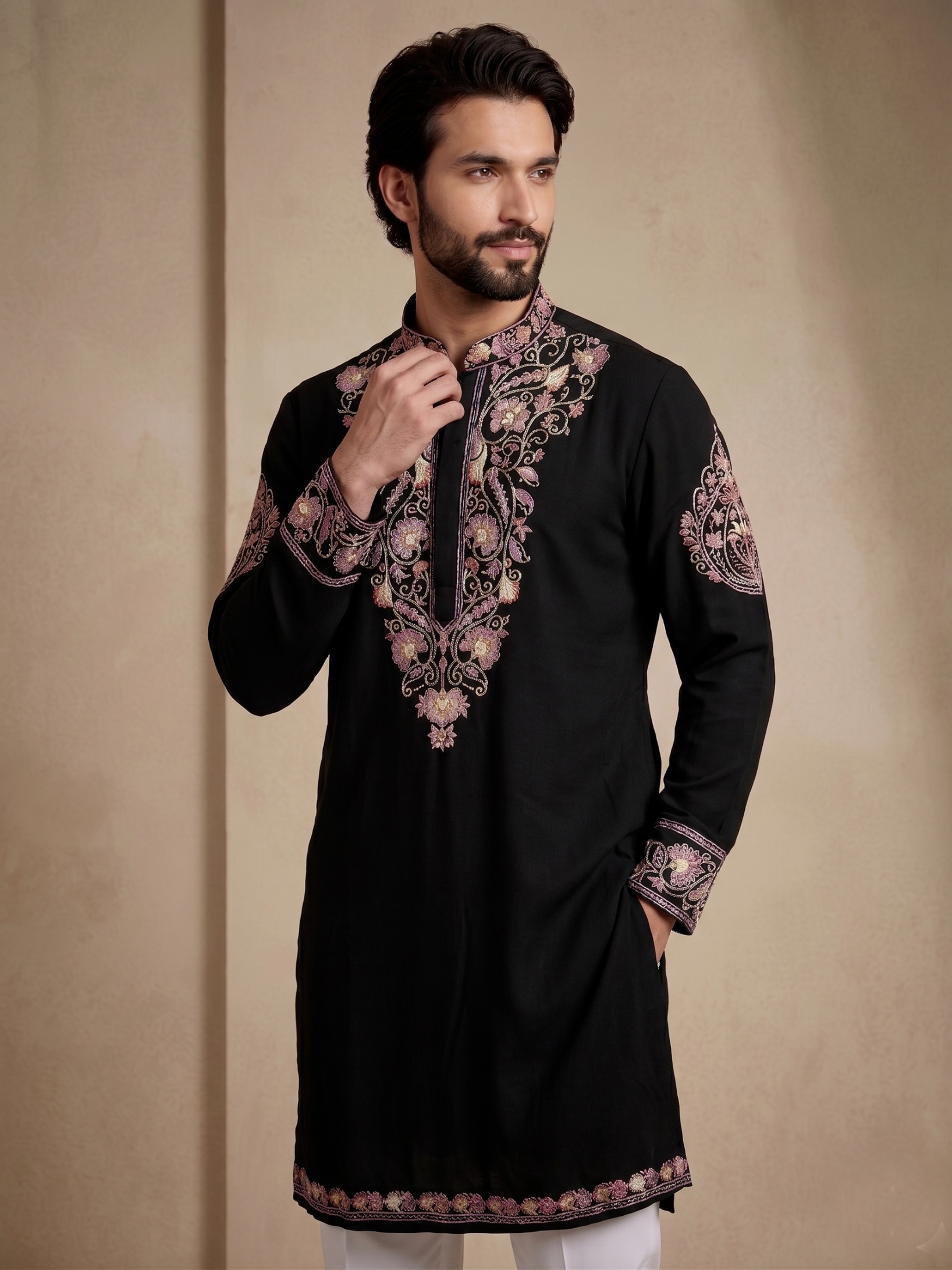 Black Floral Thread Embroidery Armani White Kurta Pyjama — alternate view