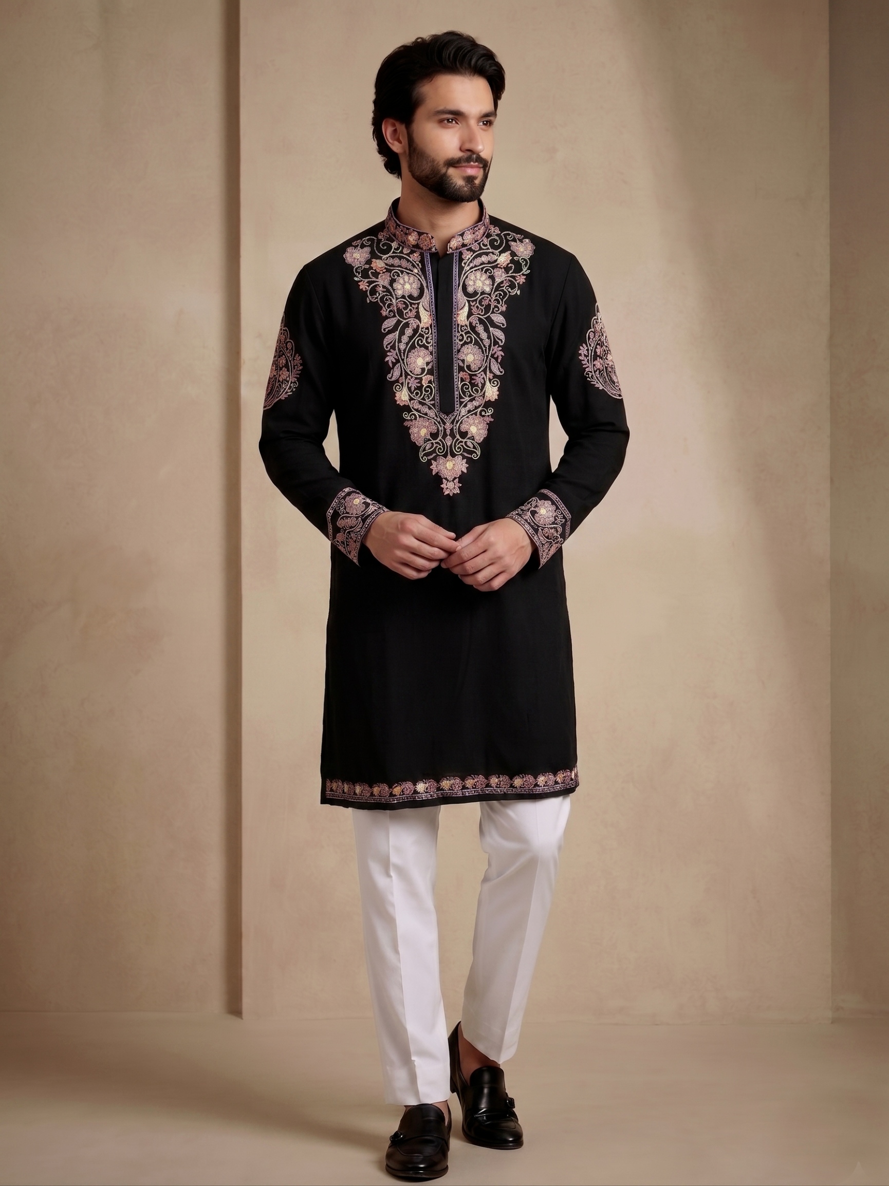 Black Floral Thread Embroidery Armani White Kurta Pyjama