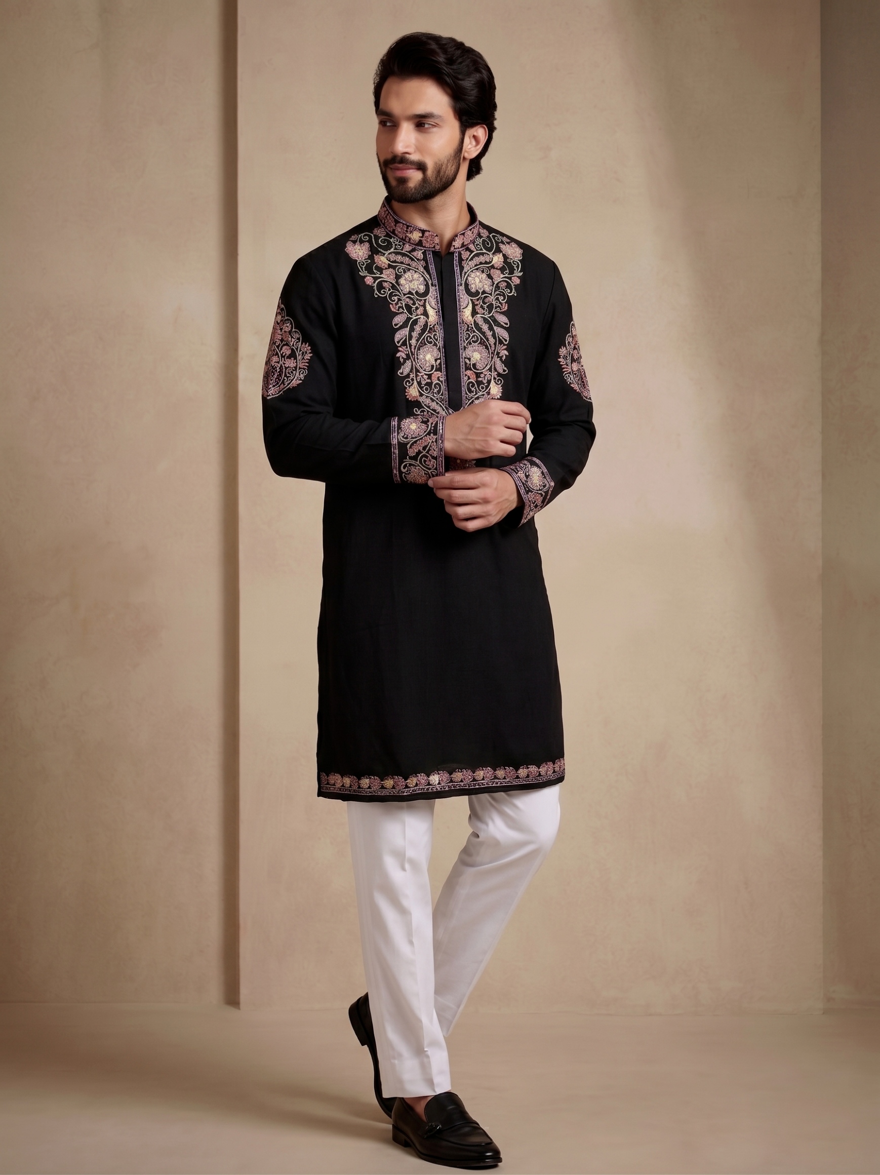 Black Floral Thread Embroidery Armani White Kurta Pyjama