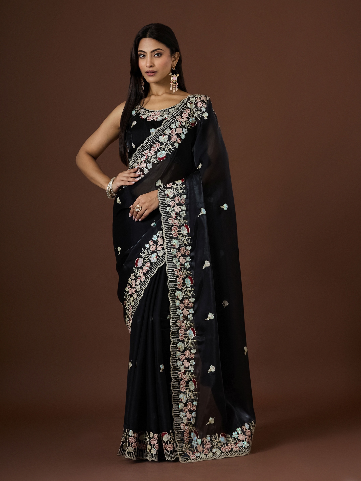 Black Floral Thread Embroidery Jimmy Choo Saree