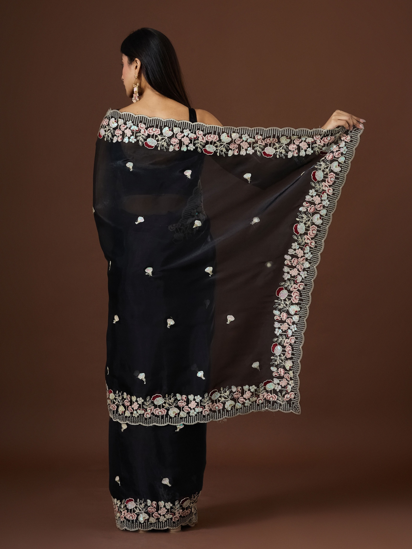 Black Floral Thread Embroidery Jimmy Choo Saree — alternate view