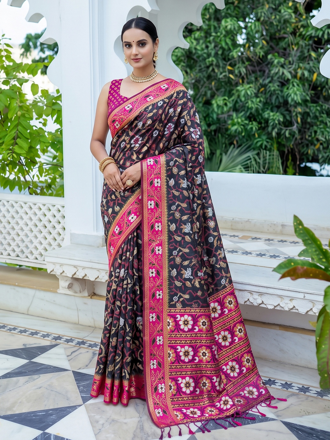 Black Floral Woven Silk Saree