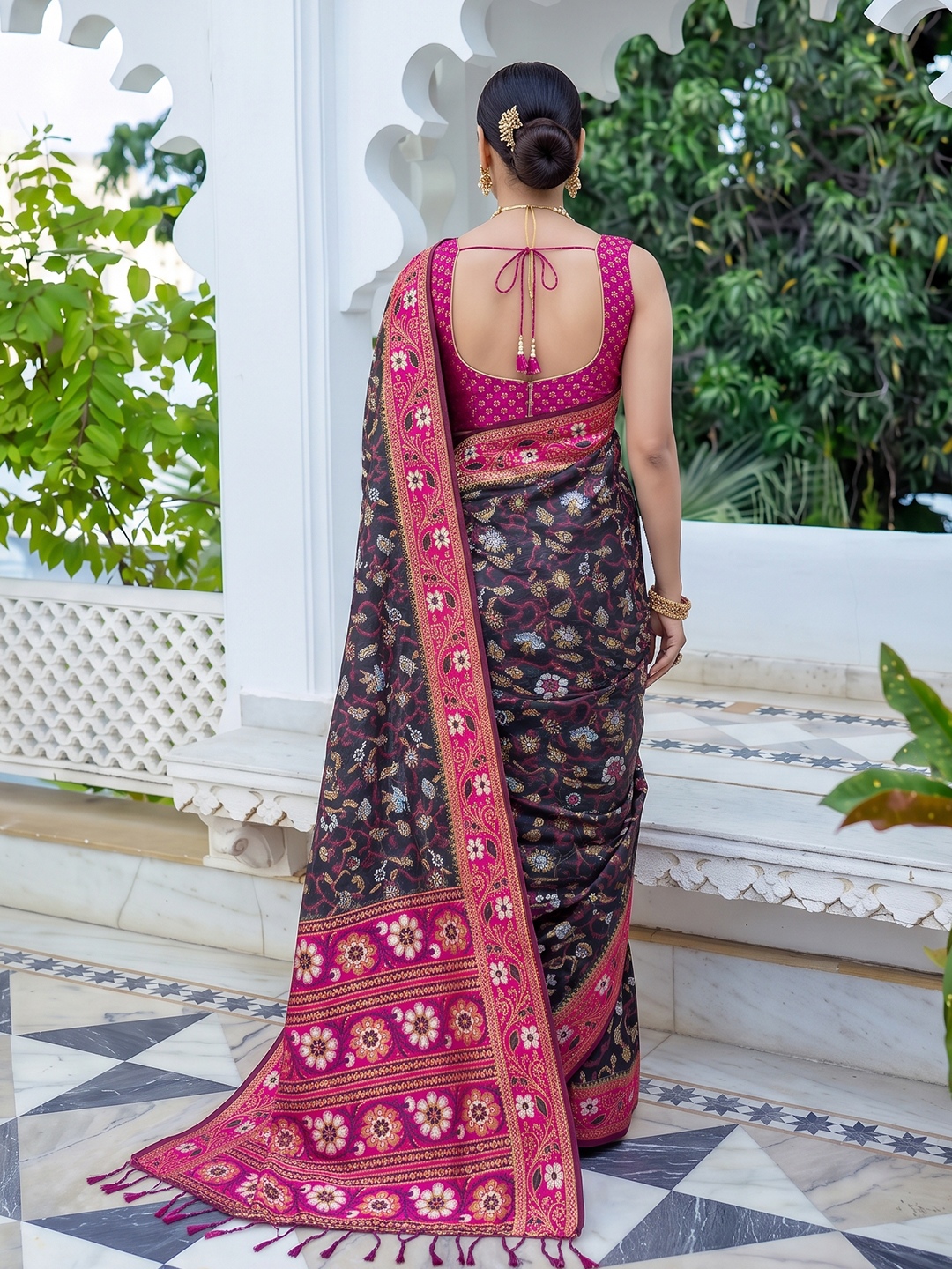 Black Floral Woven Silk Saree — alternate view