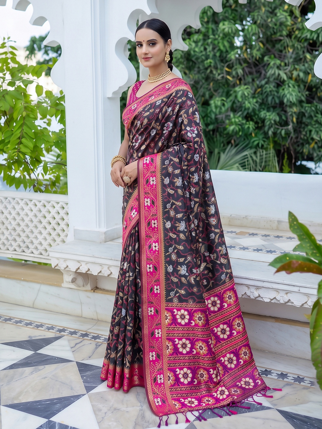 Black Floral Woven Silk Saree