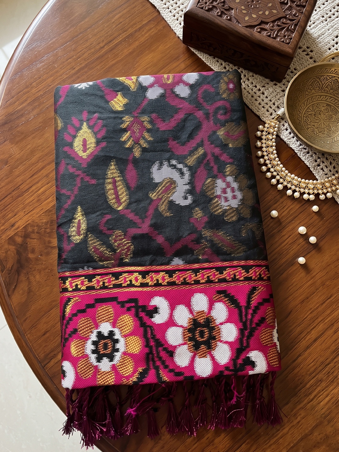 Black Floral Woven Silk Saree