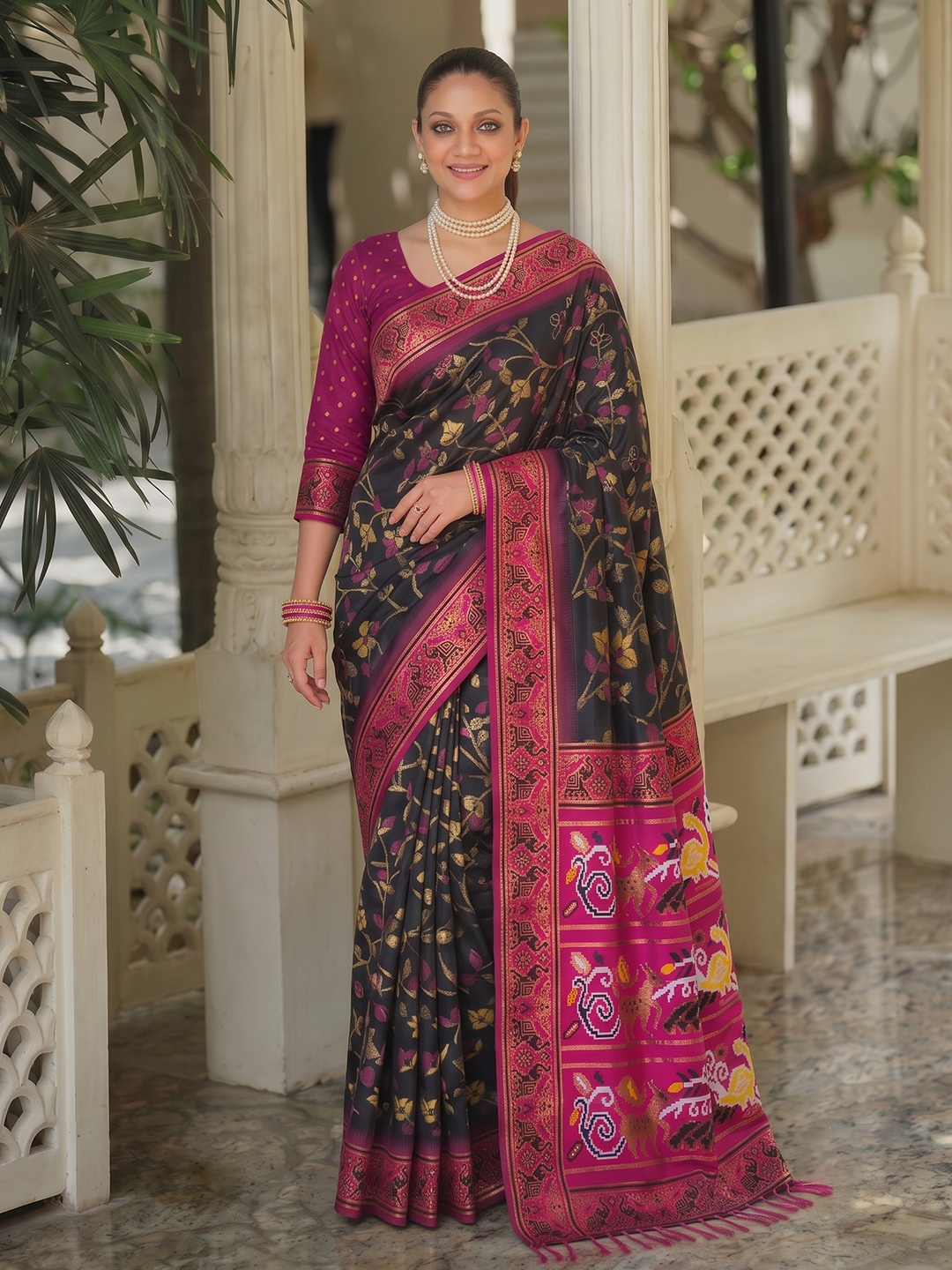 Black Floral Woven Silk Saree