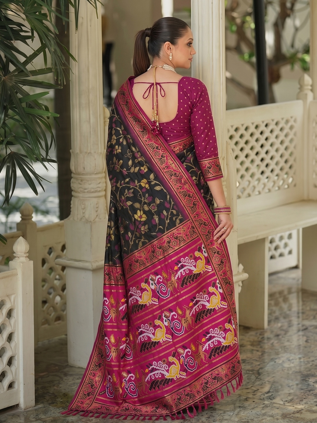 Black Floral Woven Silk Saree — alternate view
