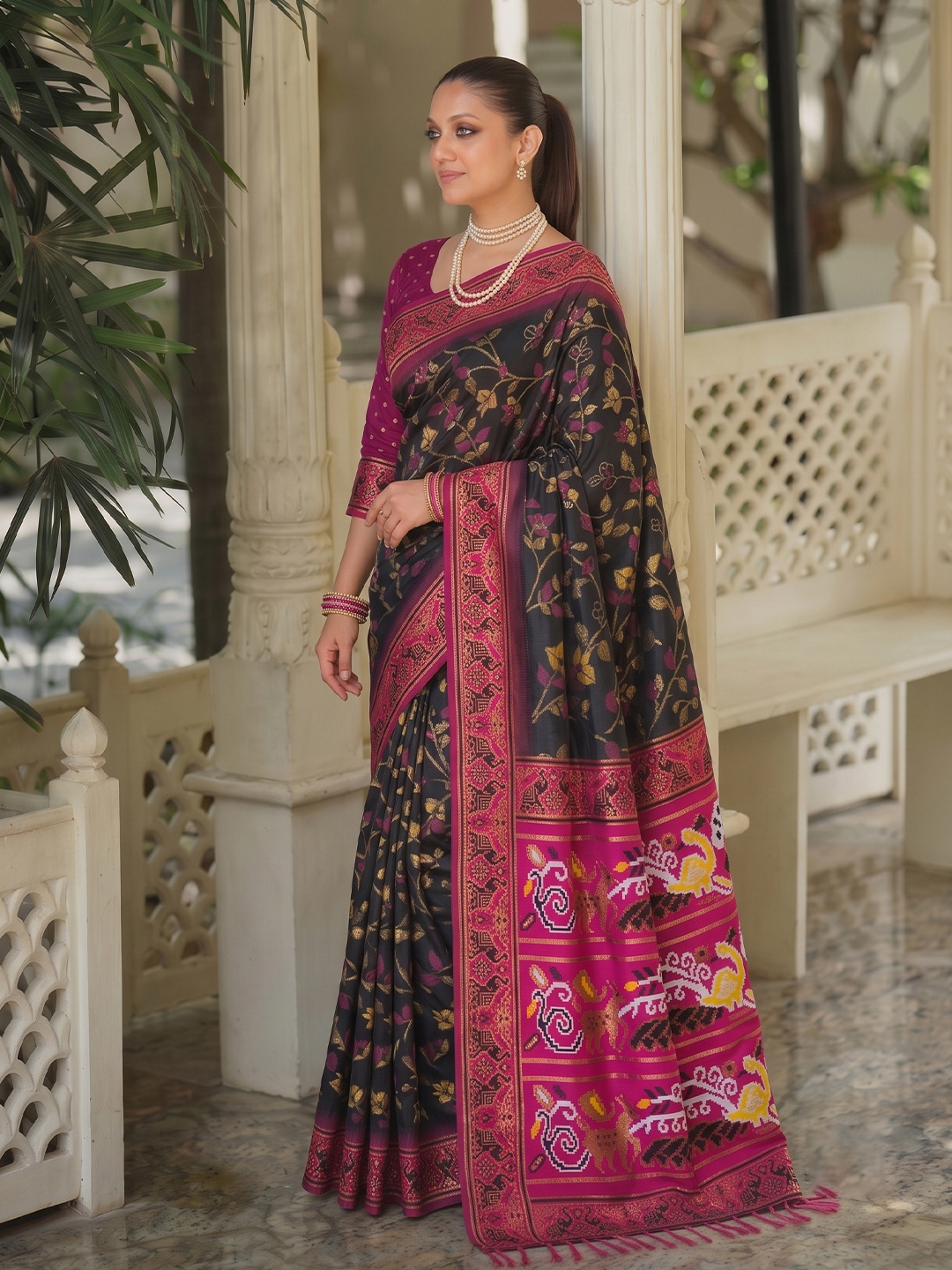 Black Floral Woven Silk Saree