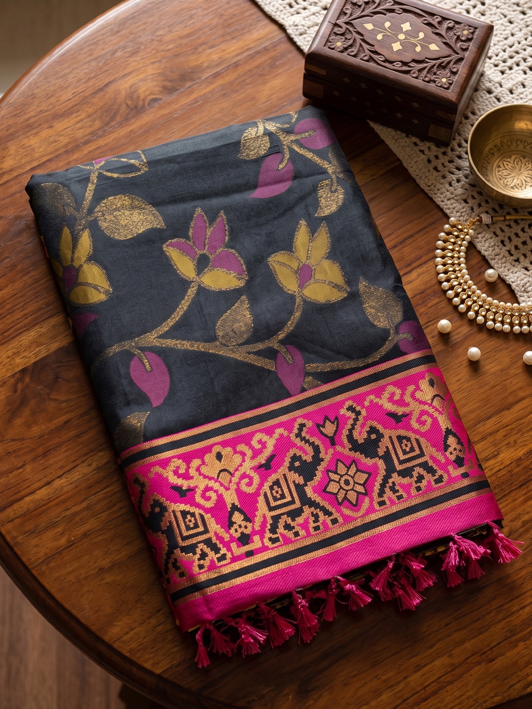 Black Floral Woven Silk Saree