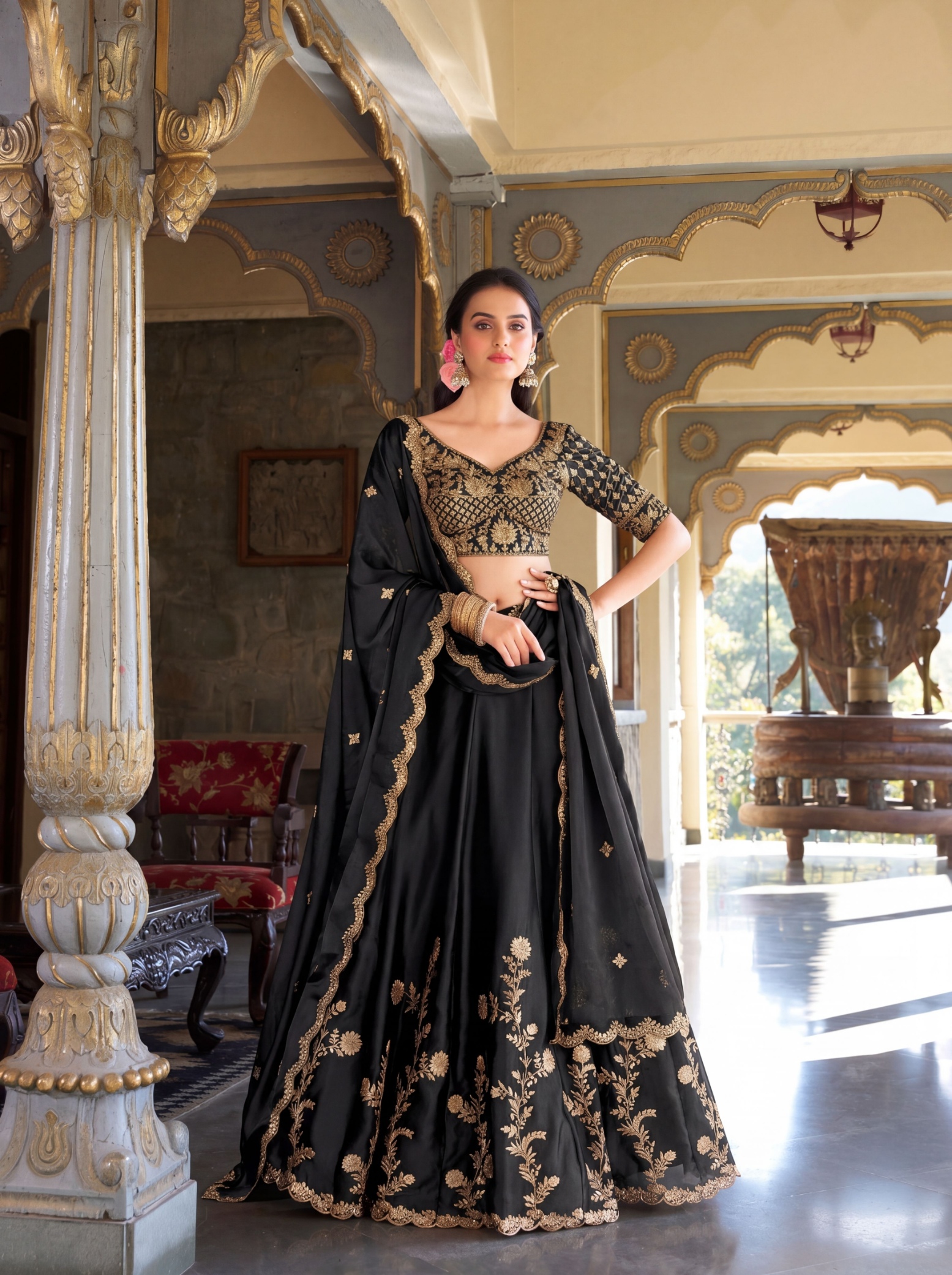 Black Floral Zari Work Rangoli Silk Lehenga Choli