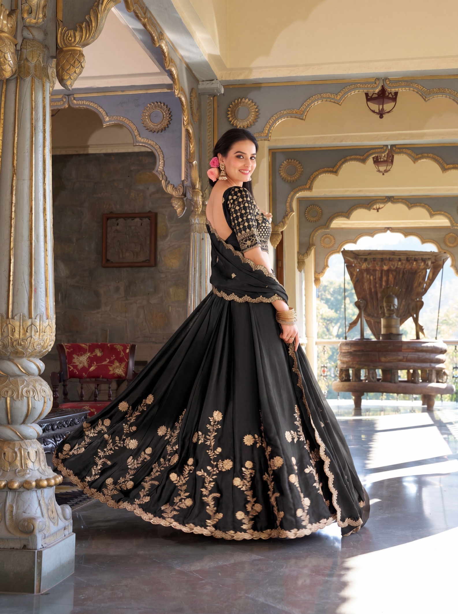 Black Floral Zari Work Rangoli Silk Lehenga Choli — alternate view