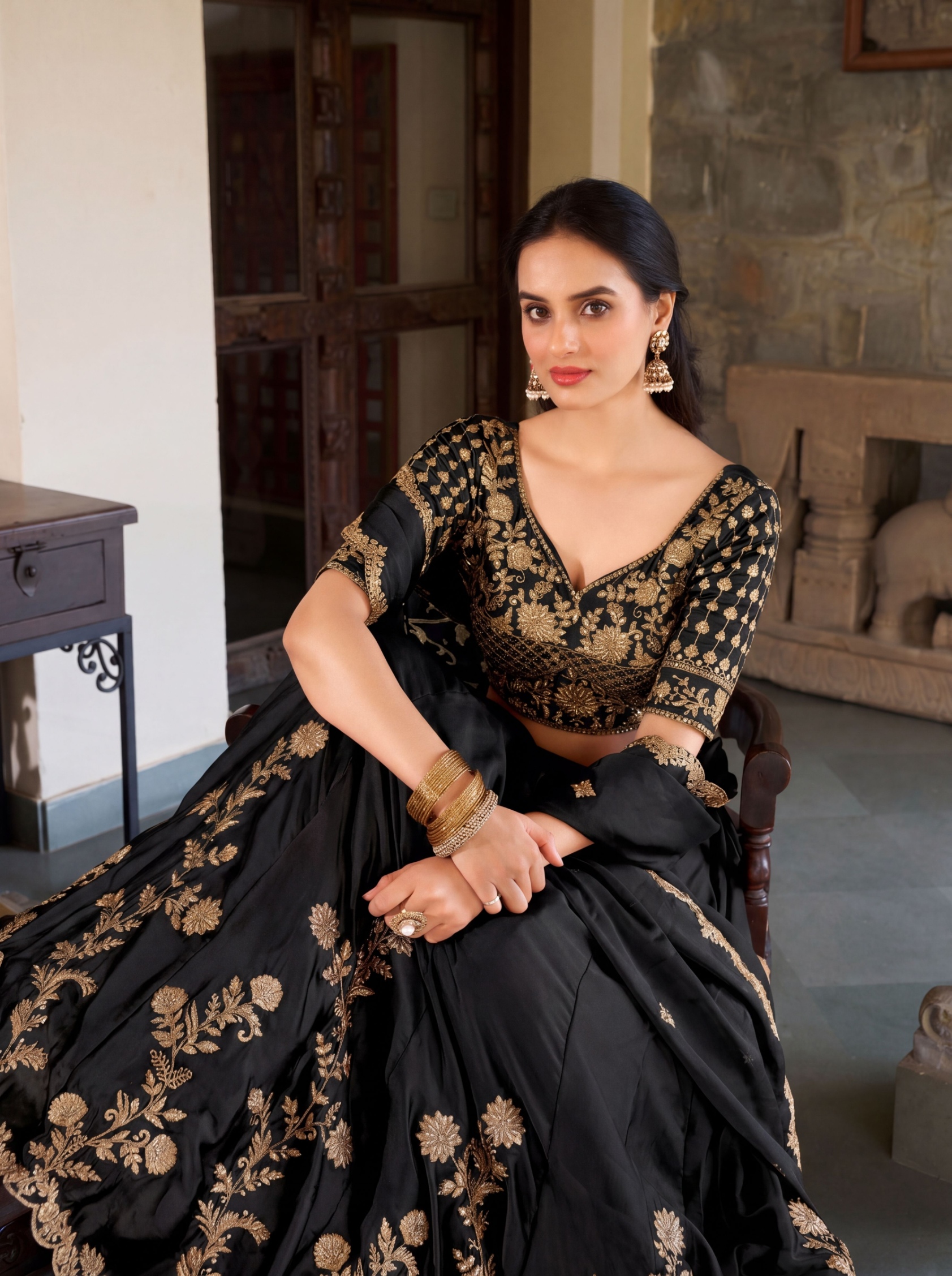 Black Floral Zari Work Rangoli Silk Lehenga Choli