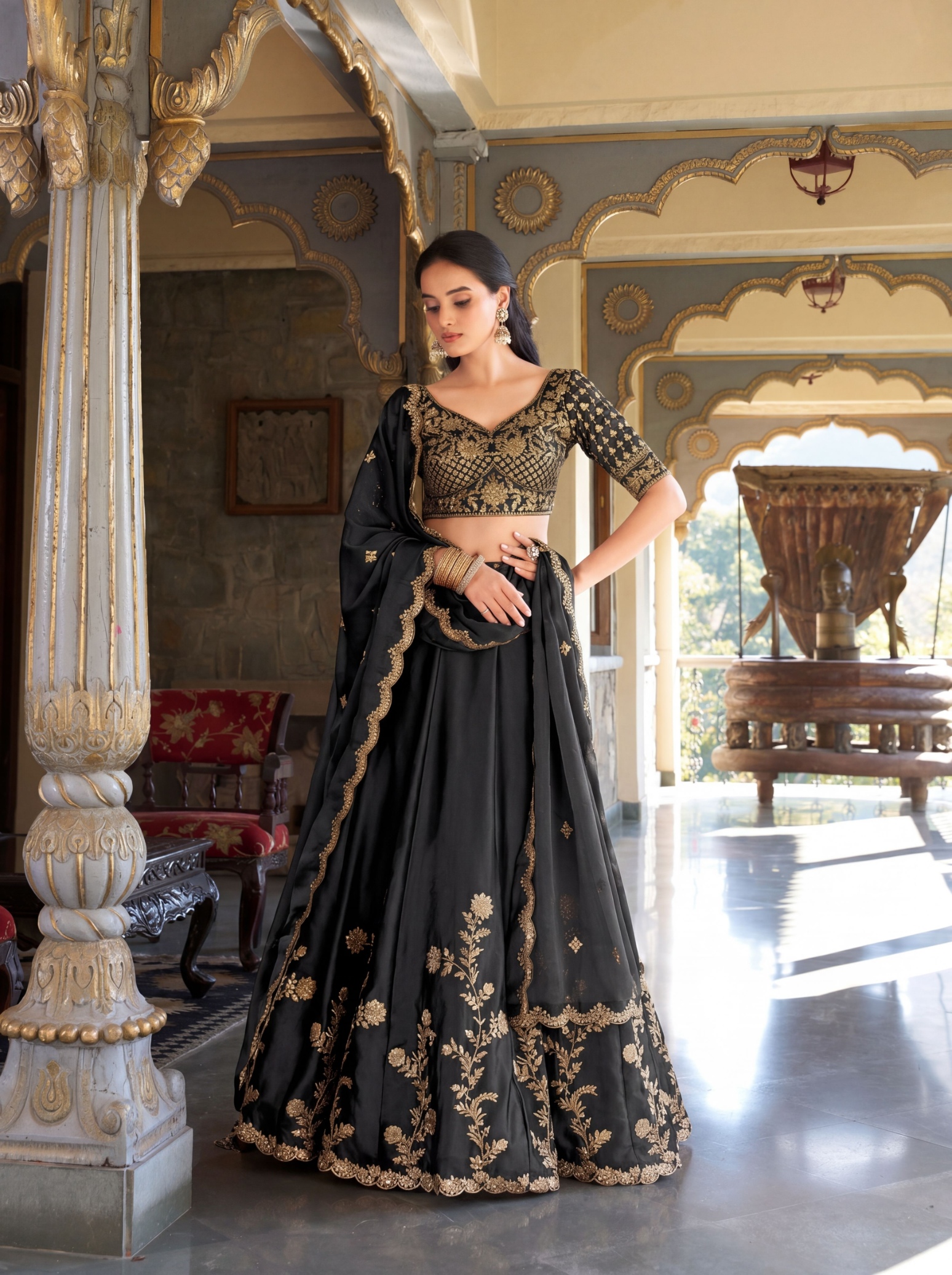 Black Floral Zari Work Rangoli Silk Lehenga Choli