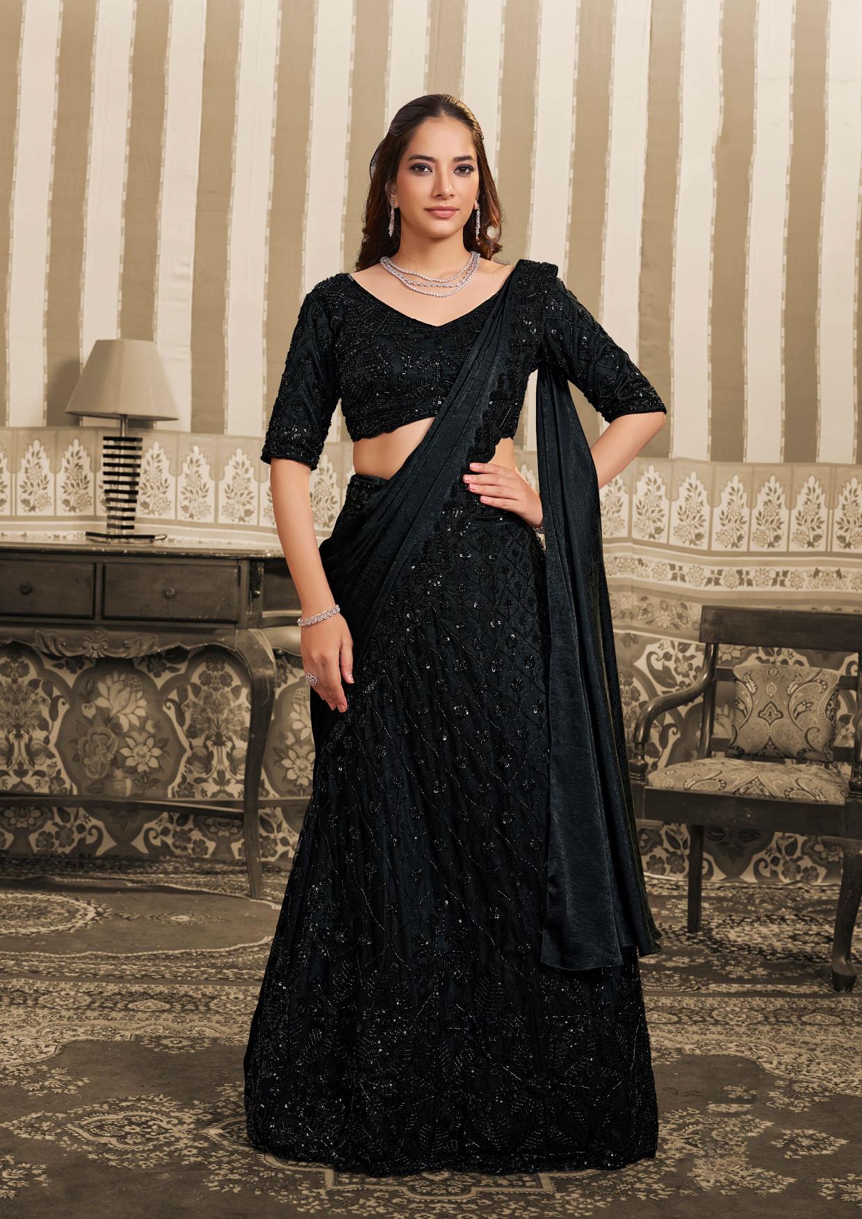 Black Foil Satin Beads and Sequin Lehenga Style Saree