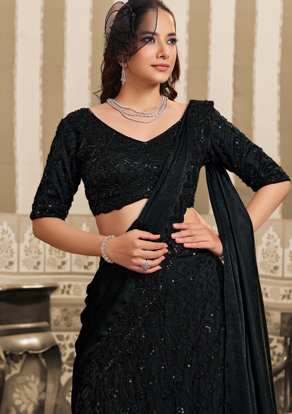 Black Foil Satin Beads and Sequin Lehenga Style Saree