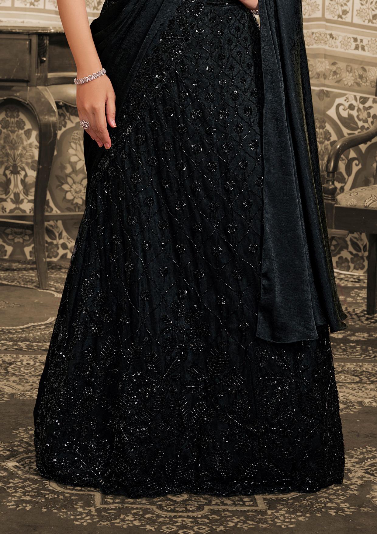 Black Foil Satin Beads and Sequin Lehenga Style Saree