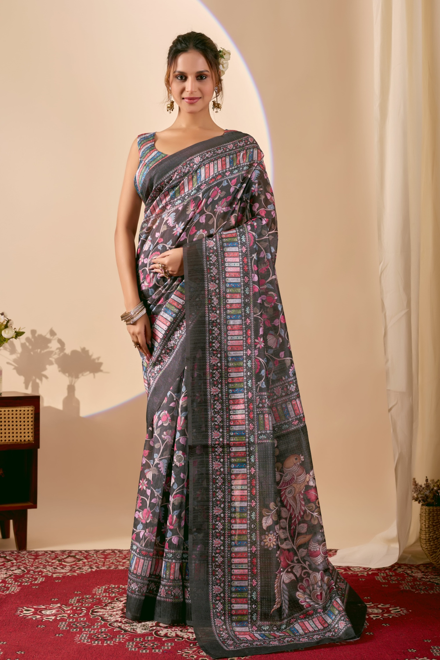 Black Folk Motif Jute Silk Ready To Wear Saree