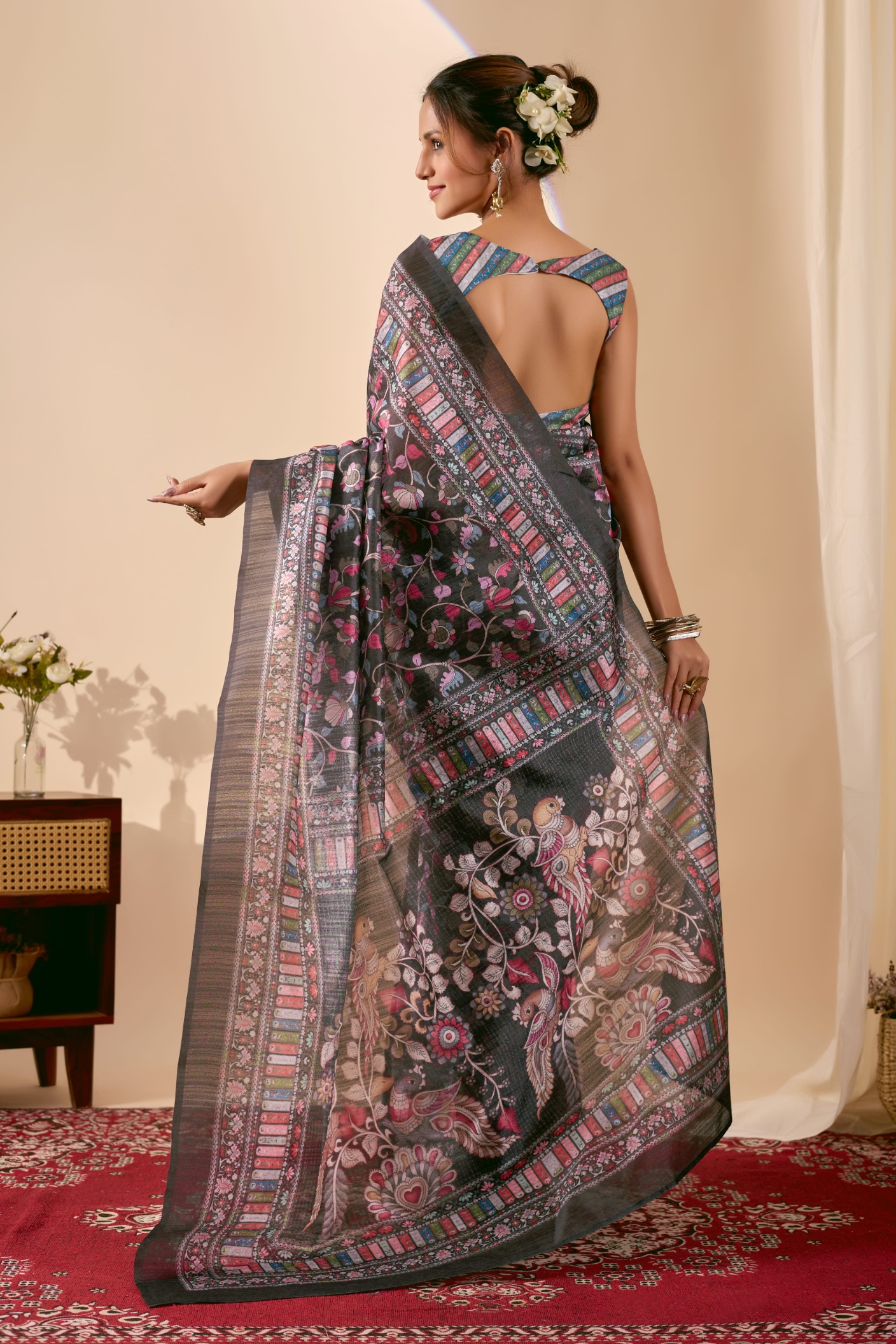 Black Folk Motif Jute Silk Ready To Wear Saree — alternate view