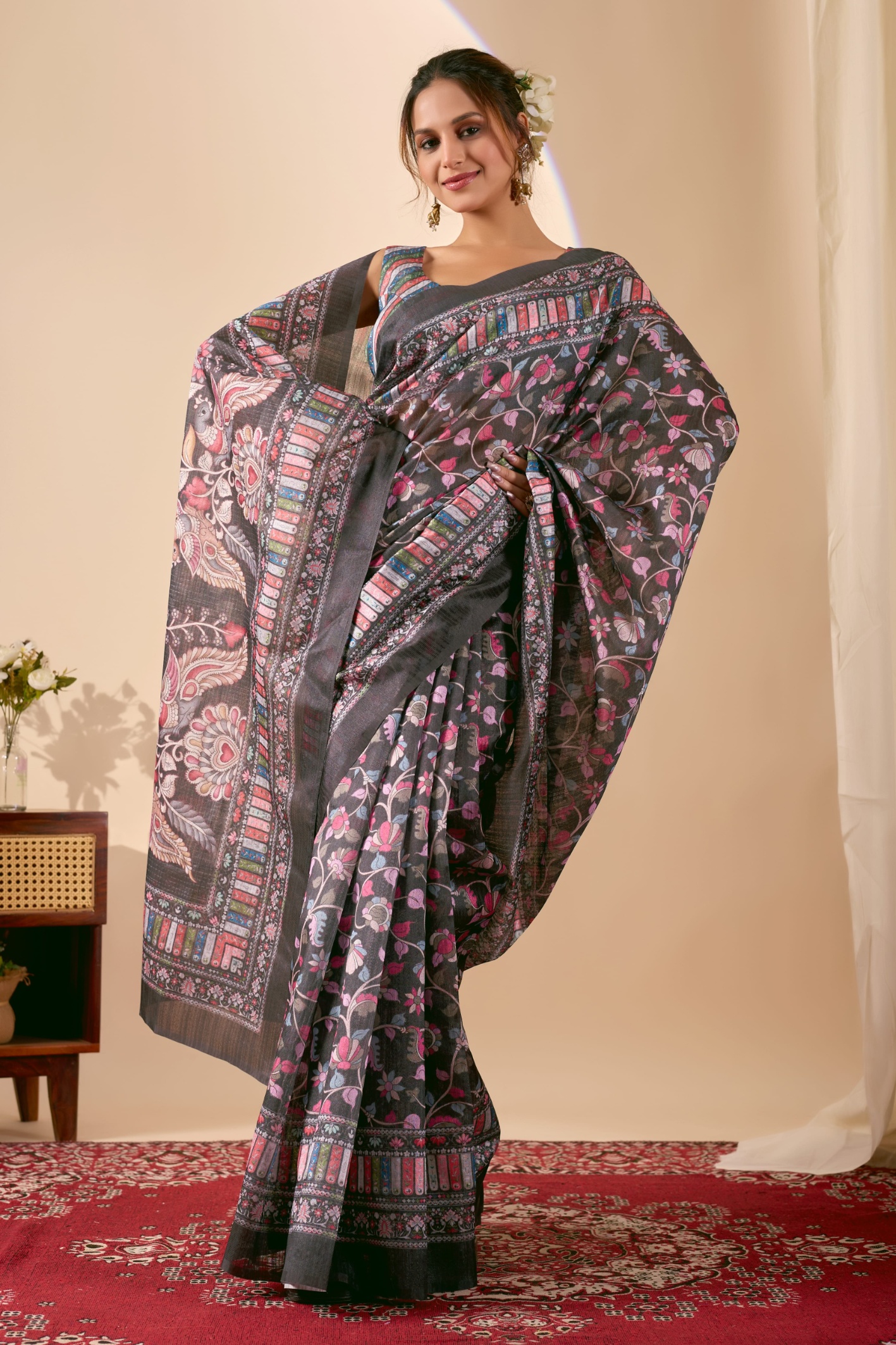 Black Folk Motif Jute Silk Ready To Wear Saree