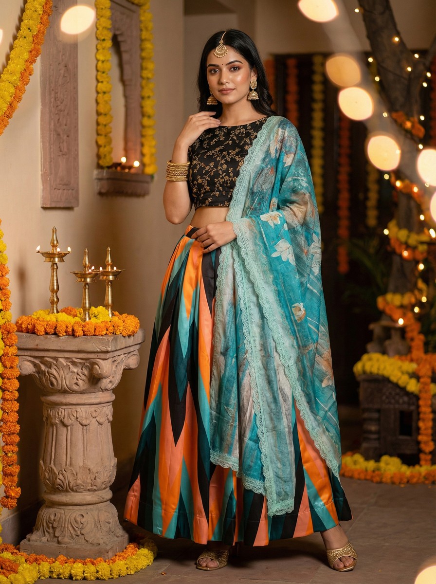 Black Fusion Print Satin Silk Lehenga Choli