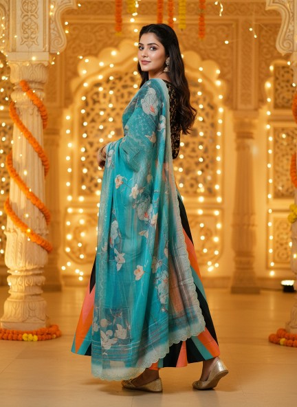 Black Fusion Print Satin Silk Lehenga Choli — alternate view