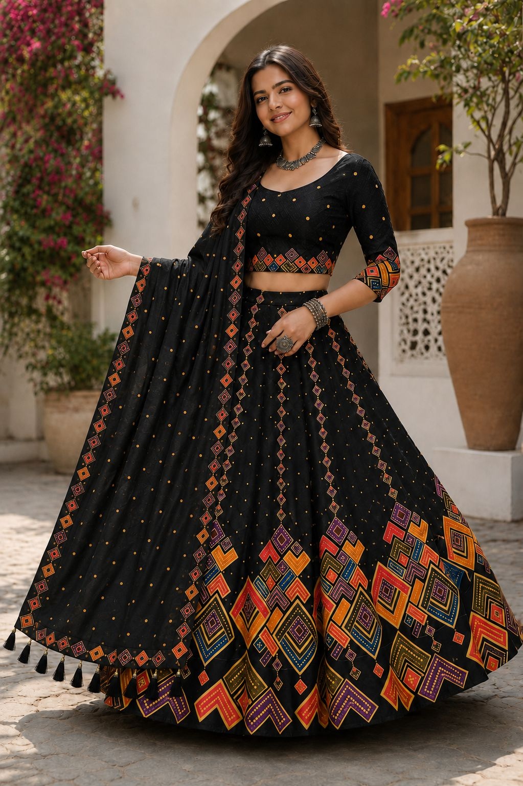 Black Geometric Designer Cotton Rayon Heritage Lehenga Choli