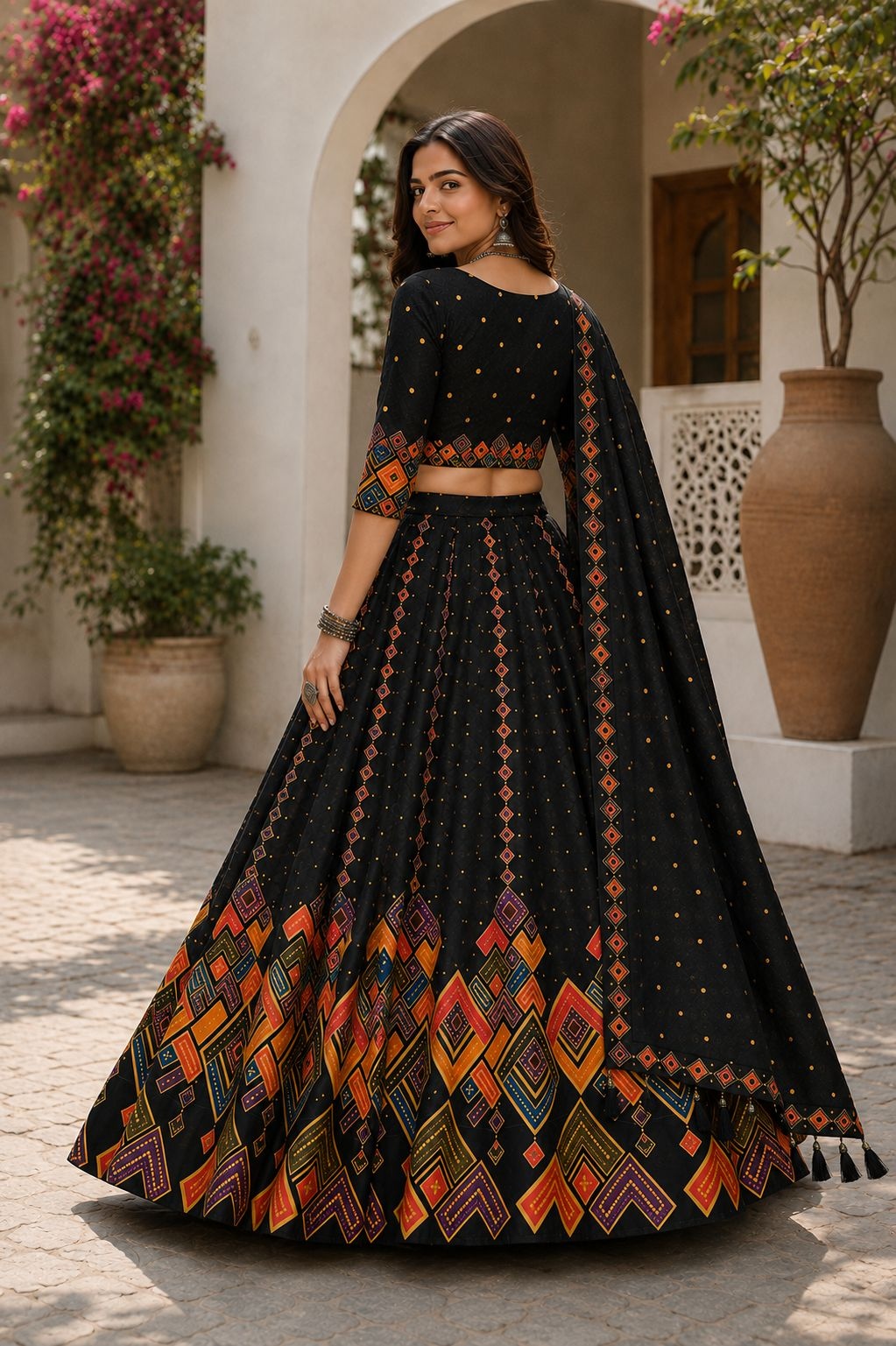 Black Geometric Designer Cotton Rayon Heritage Lehenga Choli — alternate view