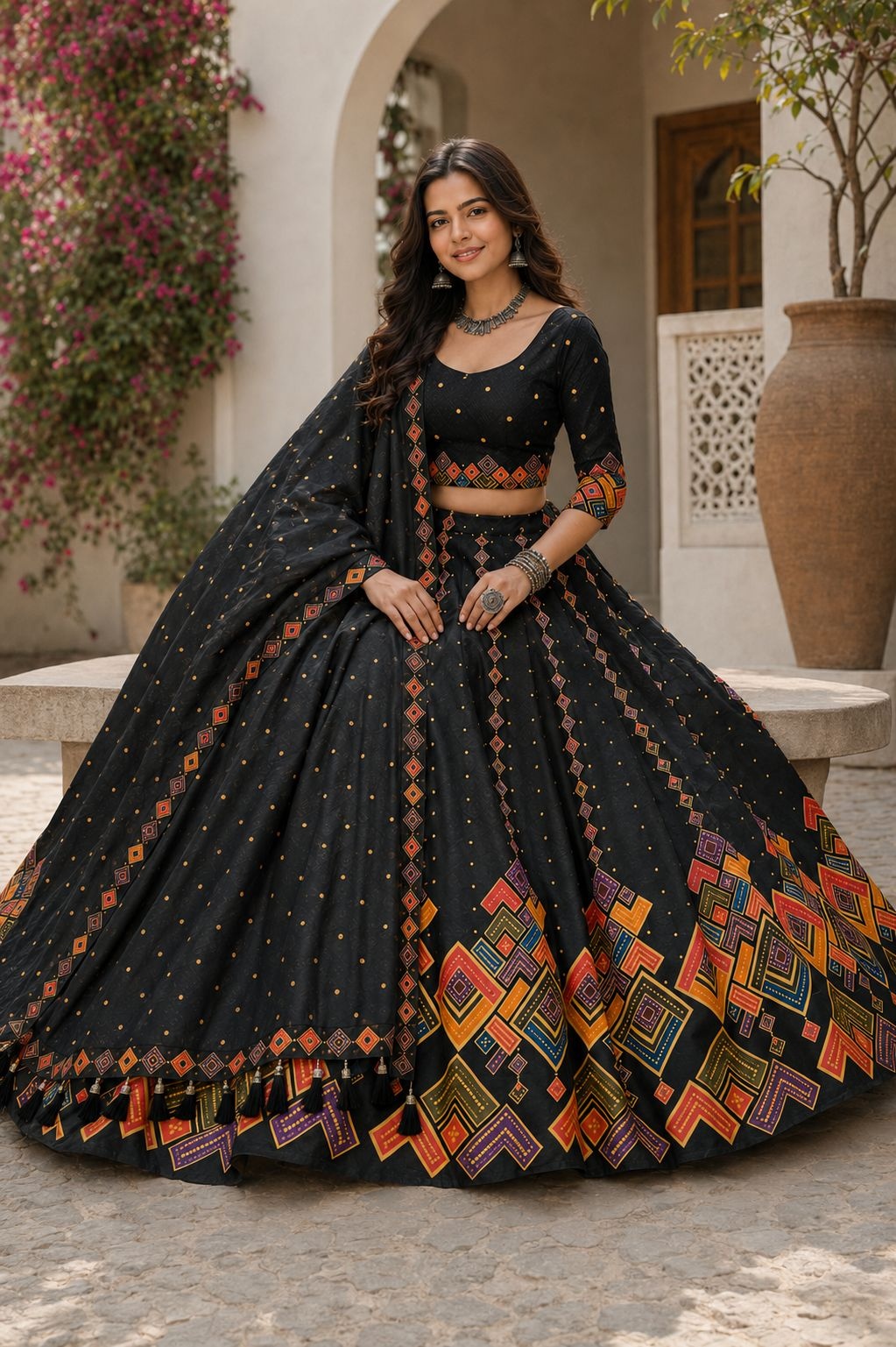 Black Geometric Designer Cotton Rayon Heritage Lehenga Choli