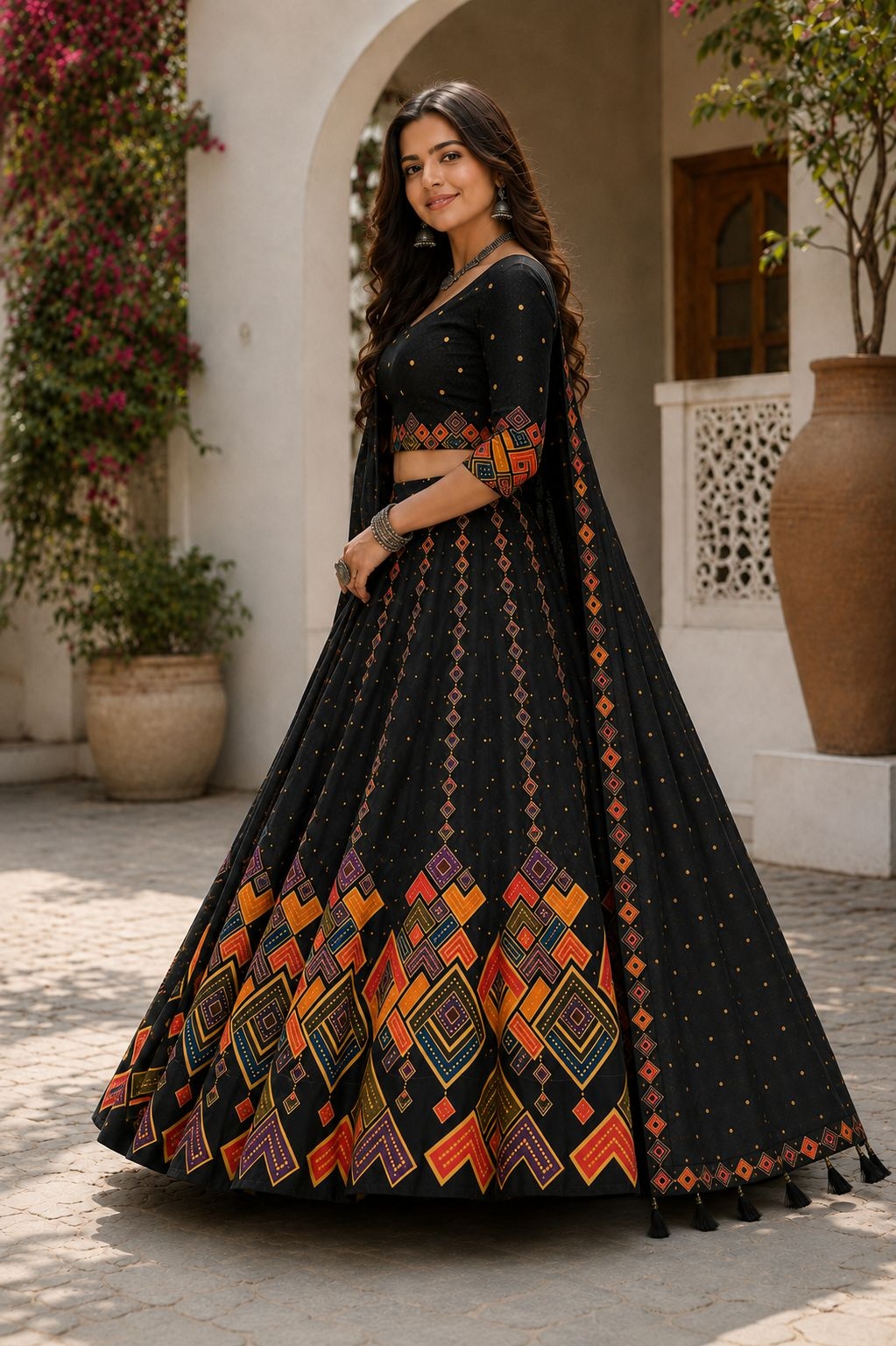 Black Geometric Designer Cotton Rayon Heritage Lehenga Choli