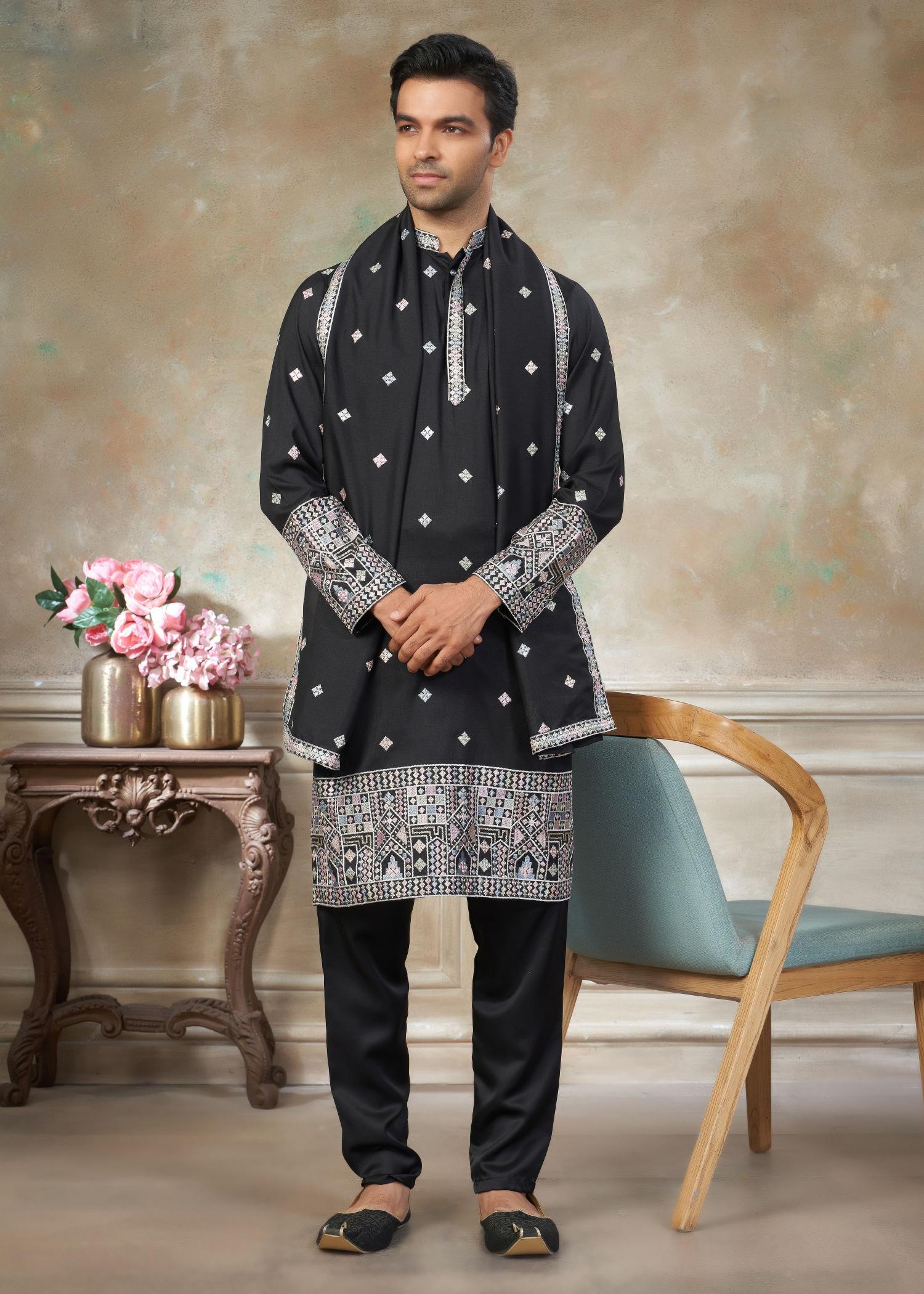Black Geometric Embroidered Silk Kurta Pyjama