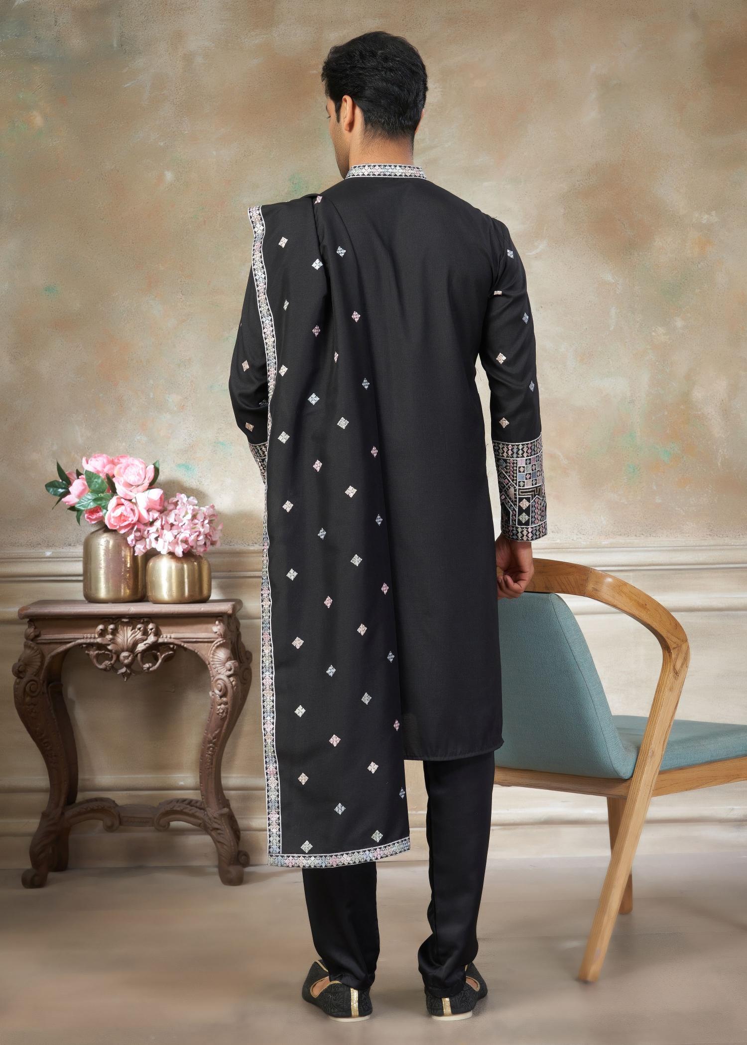 Black Geometric Embroidered Silk Kurta Pyjama — alternate view