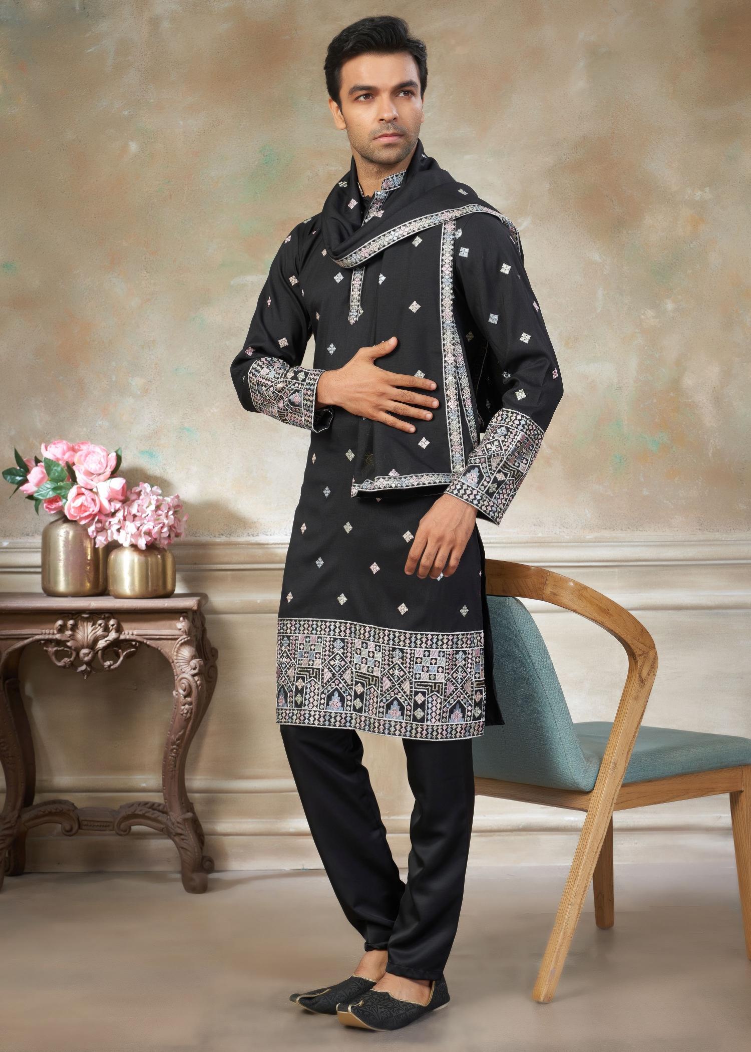Black Geometric Embroidered Silk Kurta Pyjama
