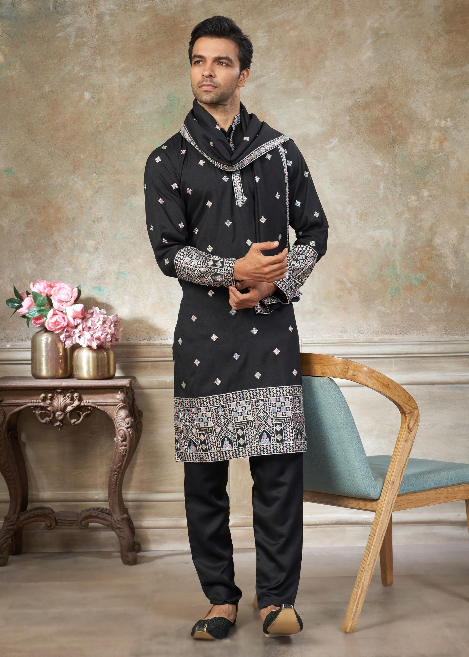 Black Geometric Embroidered Silk Kurta Pyjama