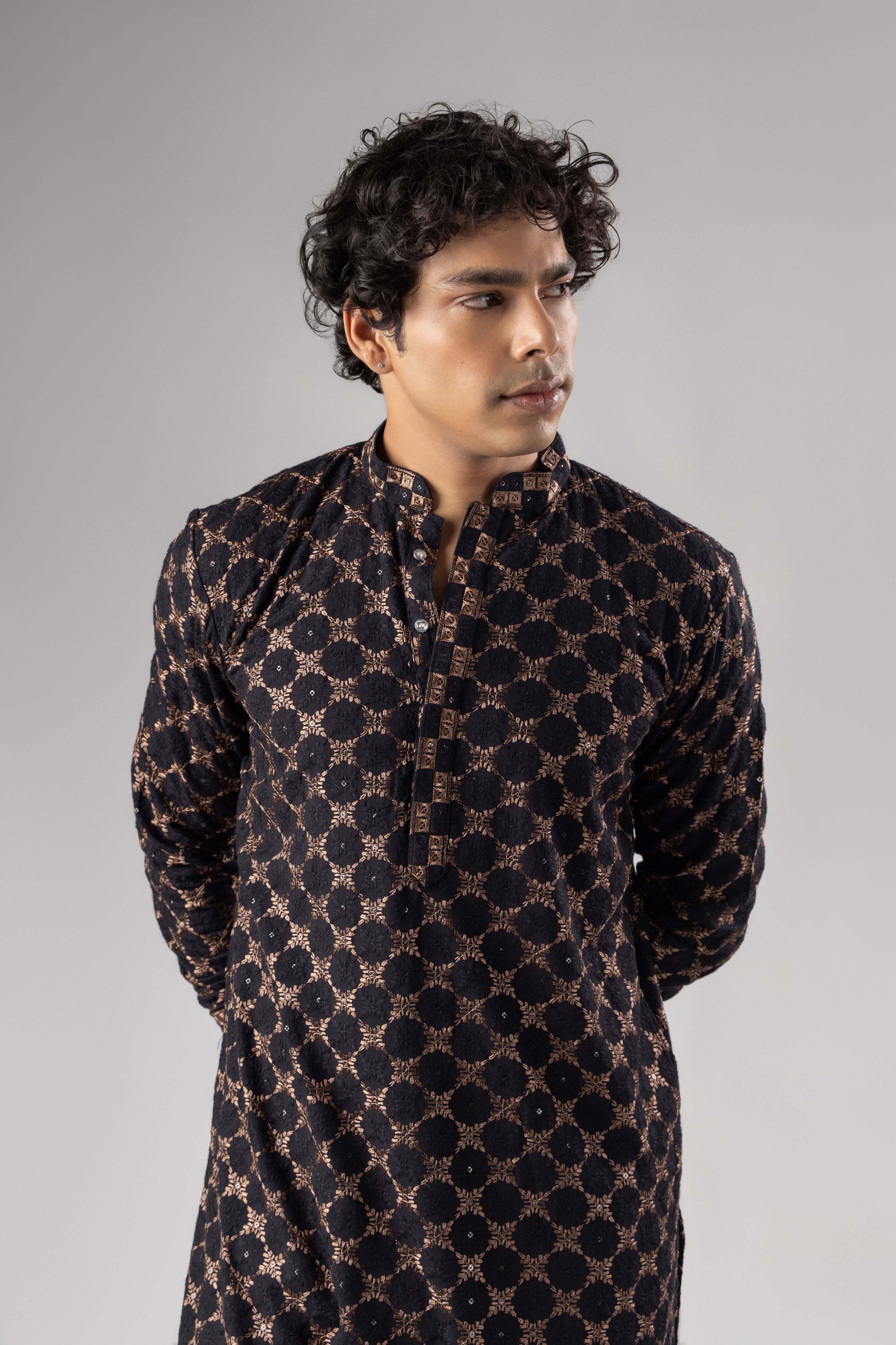 Black Geometric Embroidery Rayon Kurta Pyjama