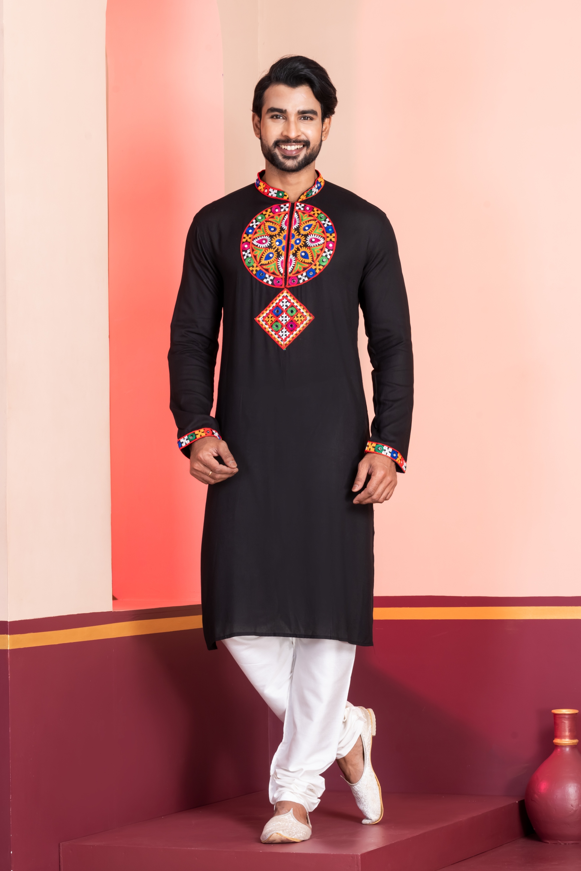 Black Geometric Embroidery Rayon Kurta Pyjama