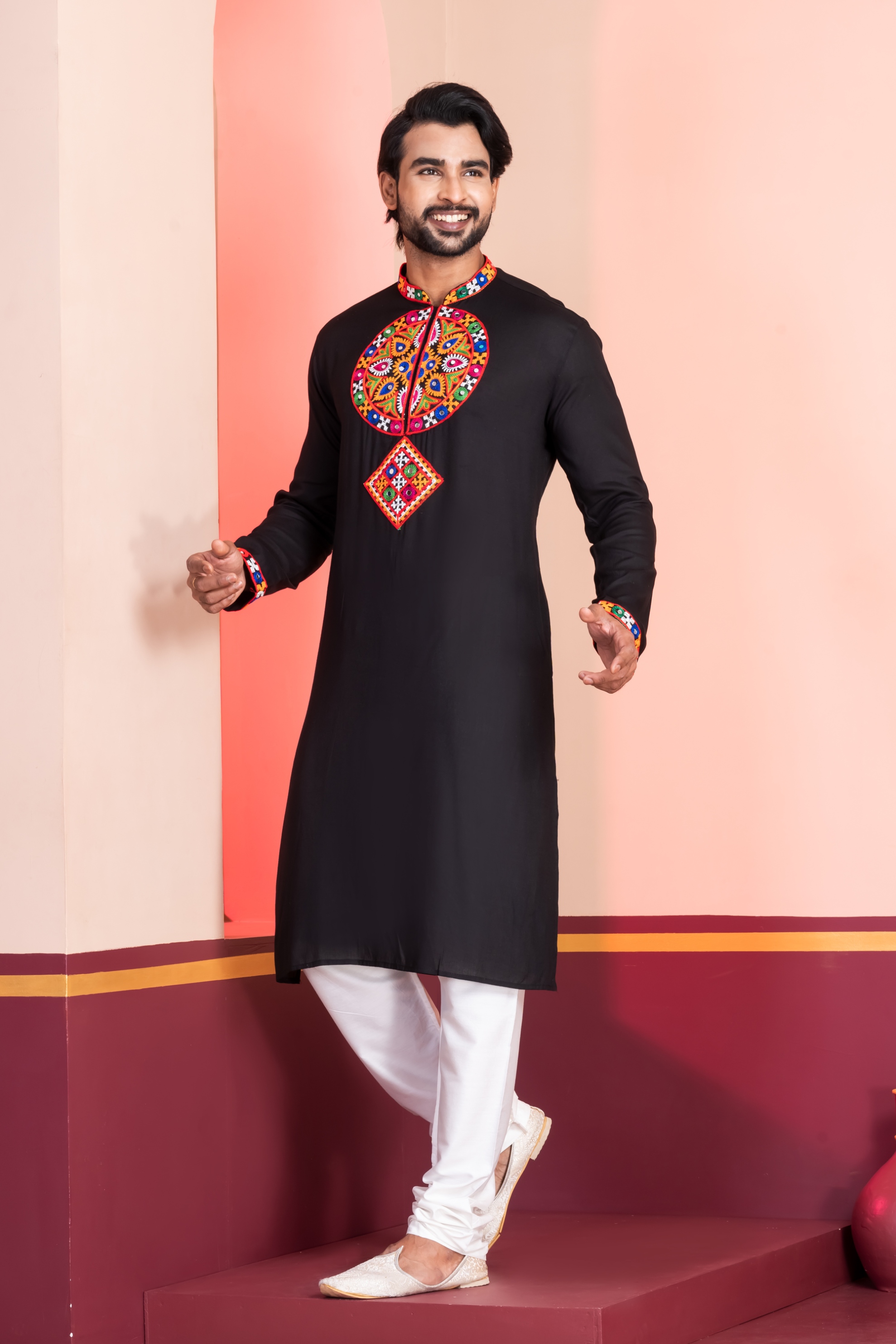 Black Geometric Embroidery Rayon Kurta Pyjama