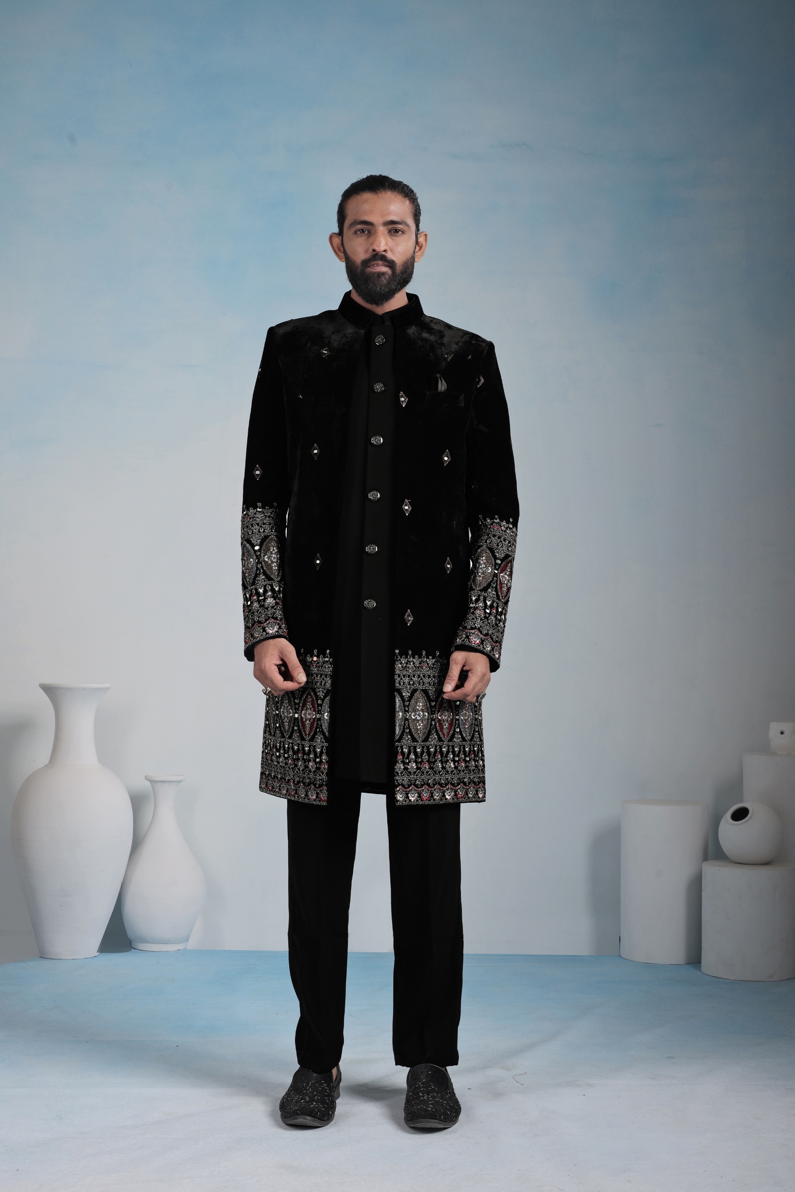 Black Geometric Embroidery Velvet Indo-Western Sherwani