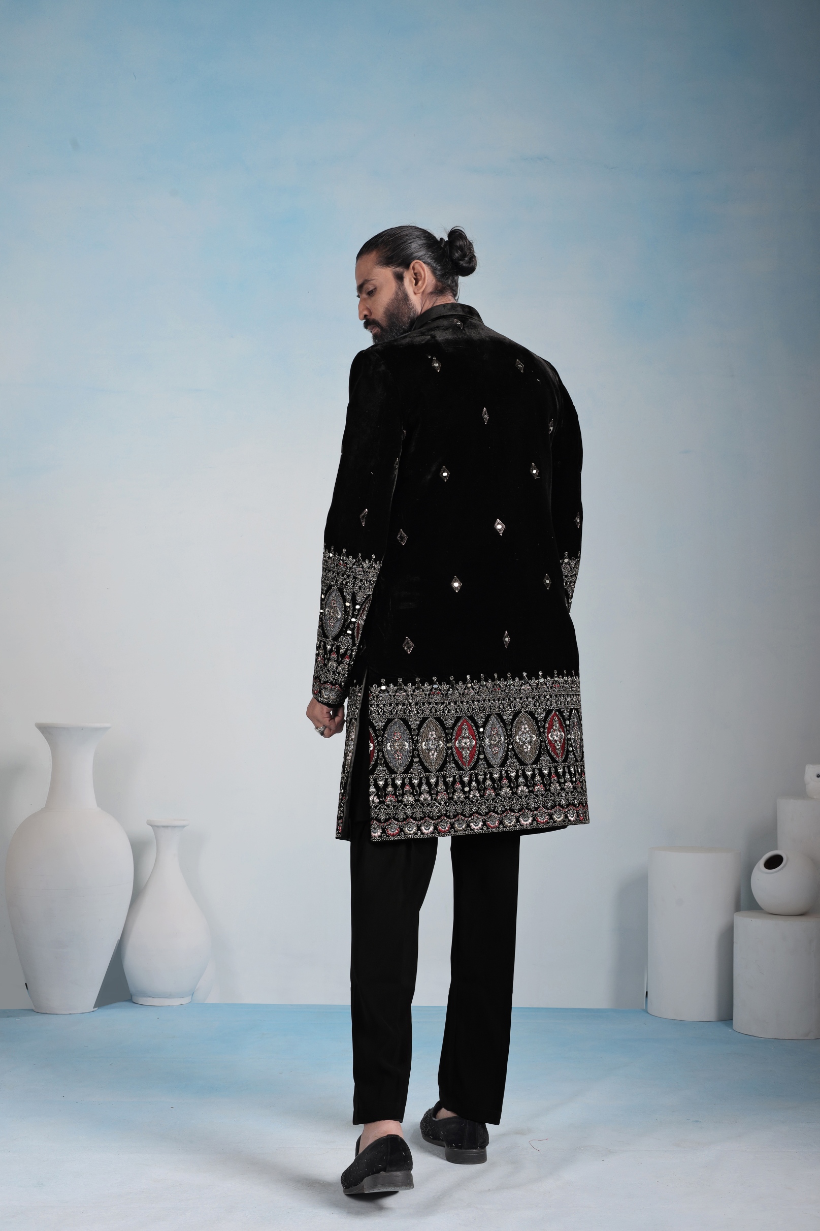 Black Geometric Embroidery Velvet Indo-Western Sherwani — alternate view