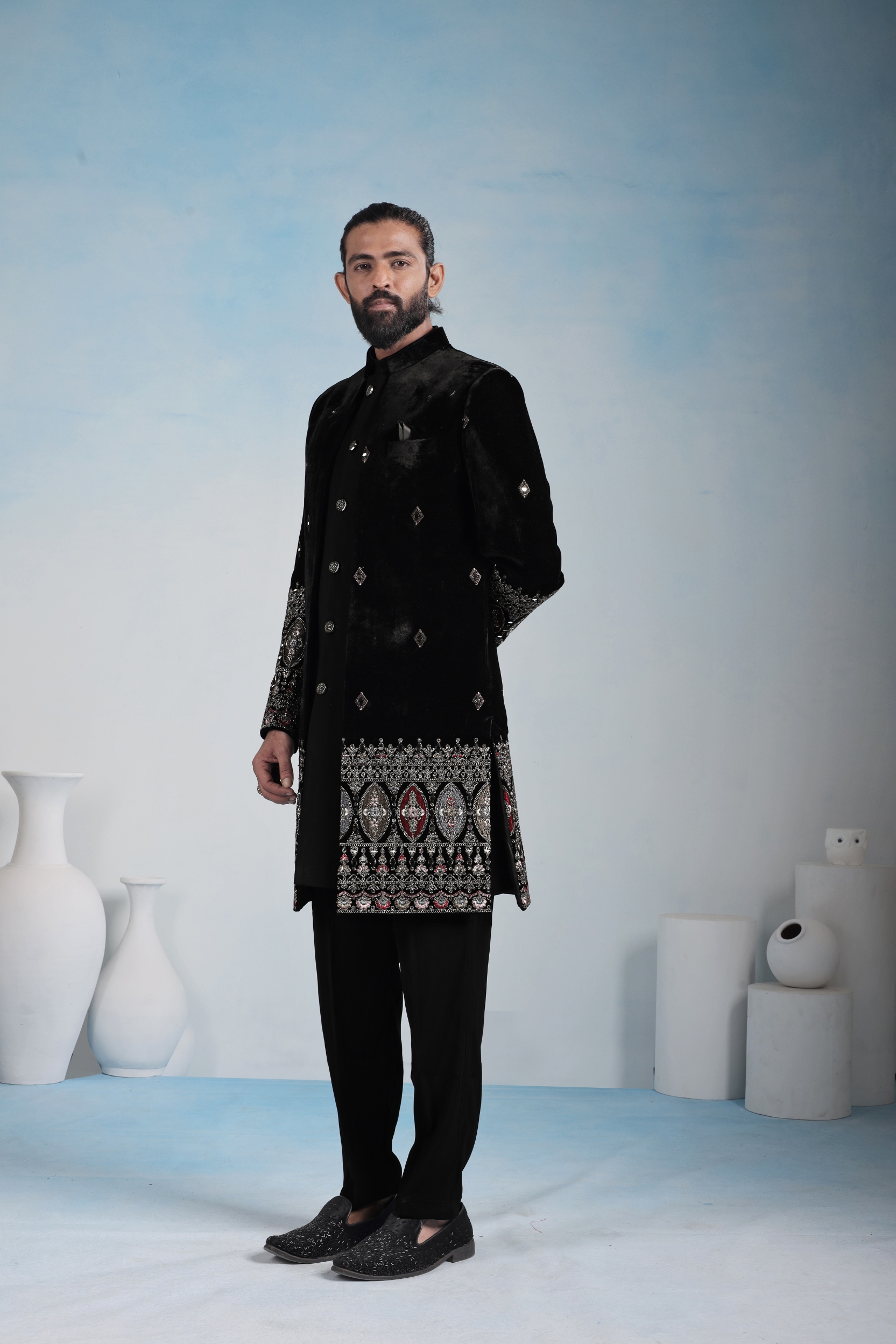 Black Geometric Embroidery Velvet Indo-Western Sherwani