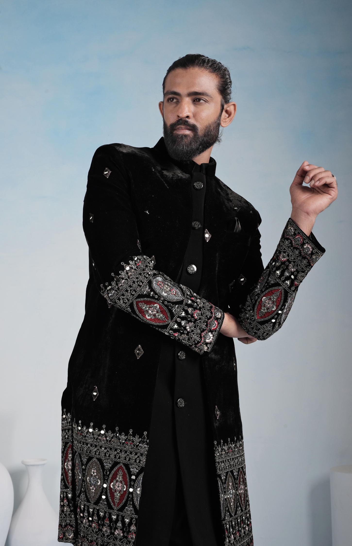 Black Geometric Embroidery Velvet Indo-Western Sherwani