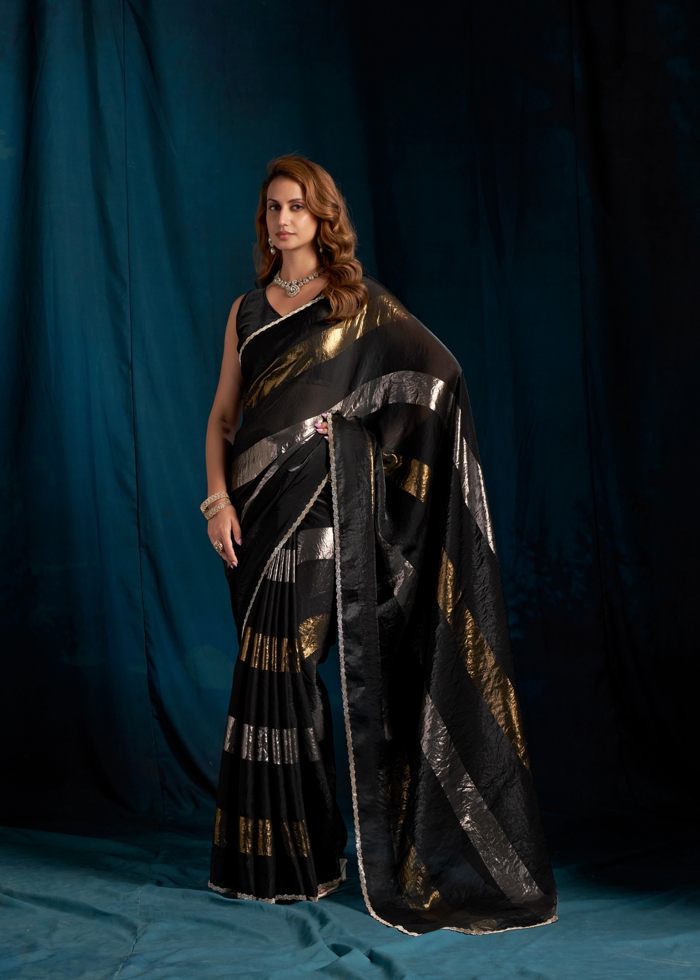 Black Geometric Foil Satin Silk Saree