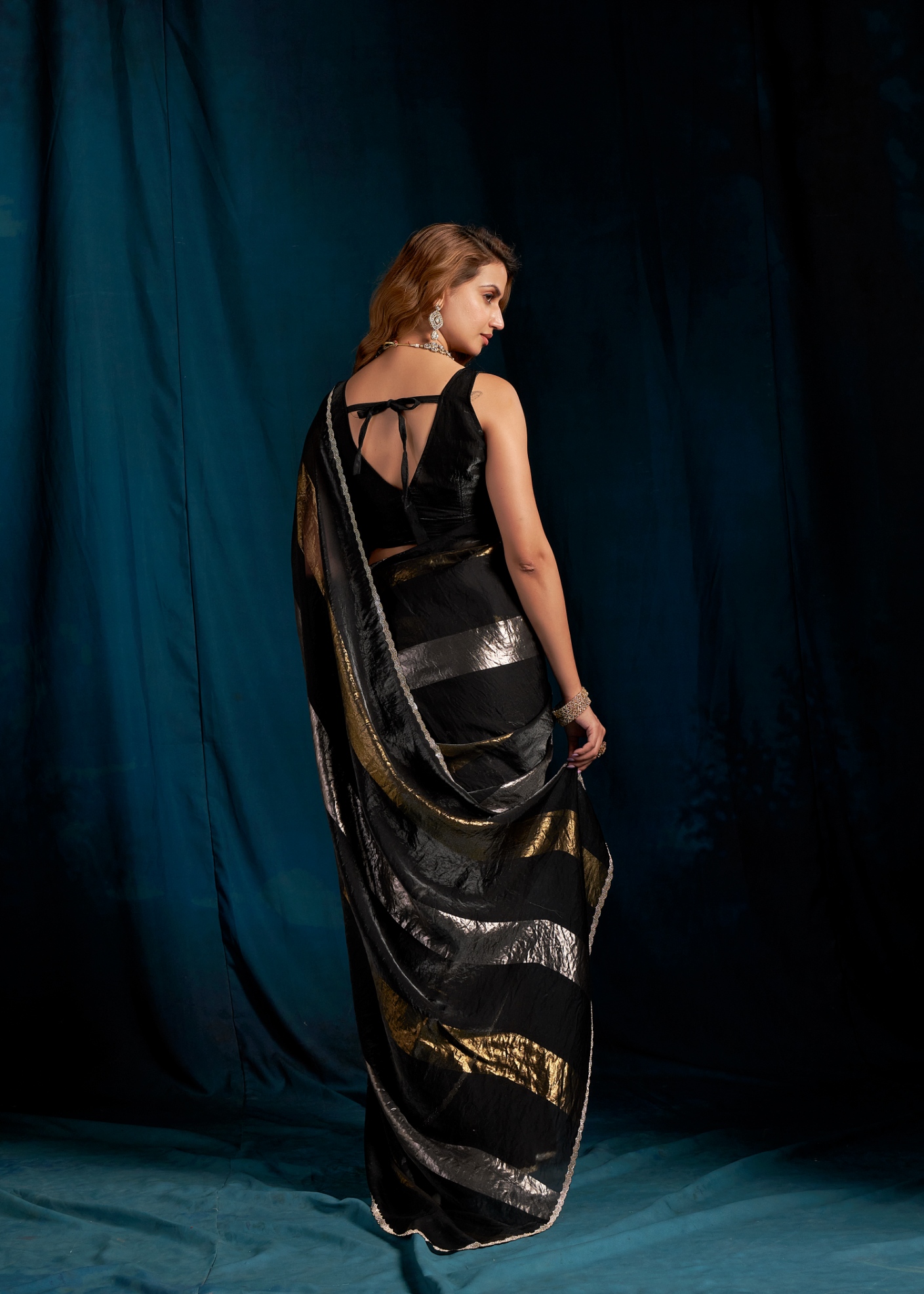 Black Geometric Foil Satin Silk Saree — alternate view