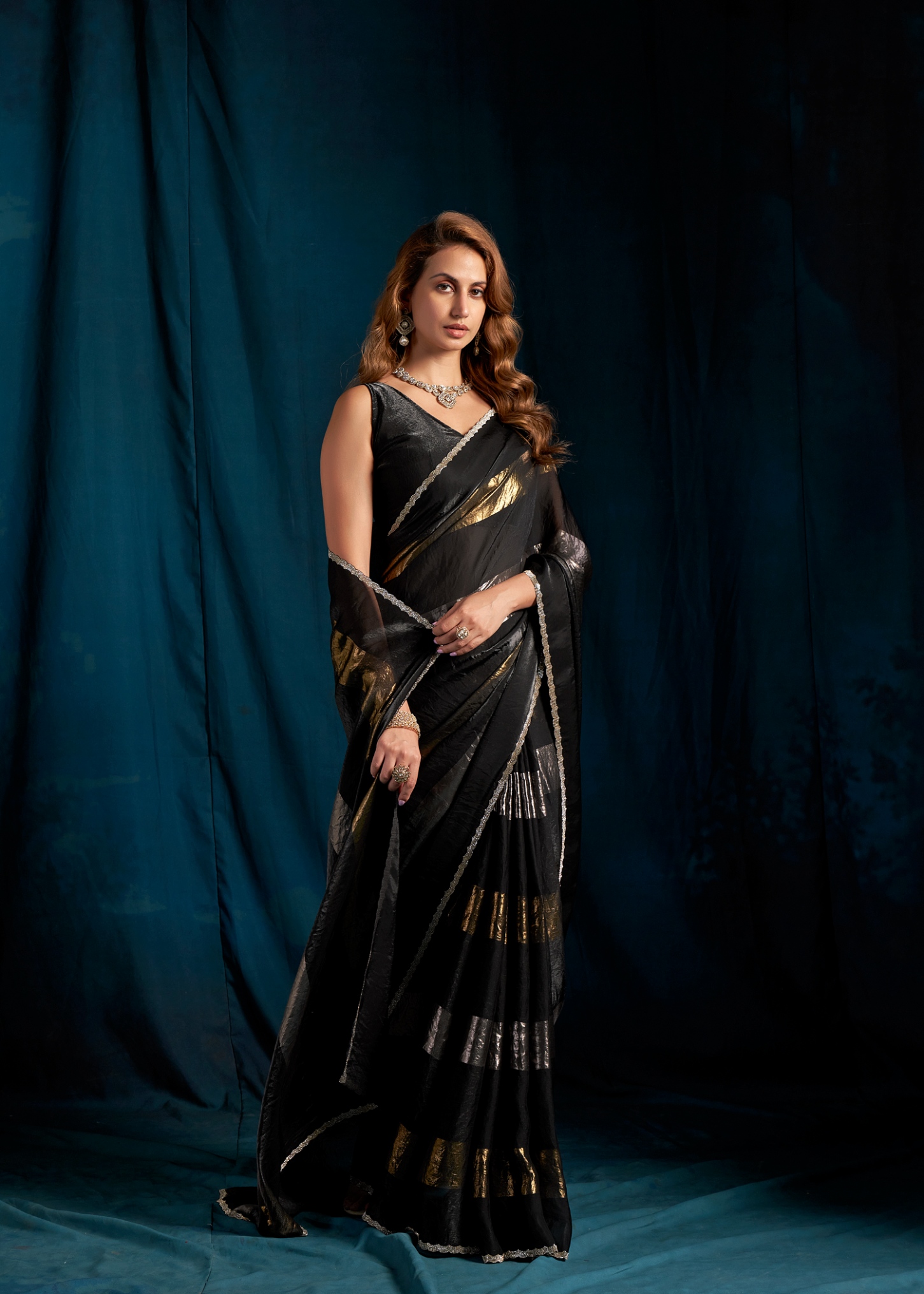 Black Geometric Foil Satin Silk Saree
