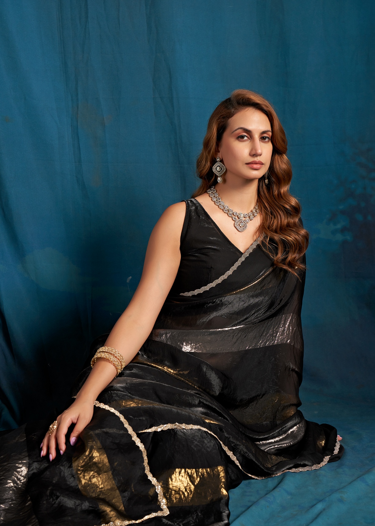Black Geometric Foil Satin Silk Saree