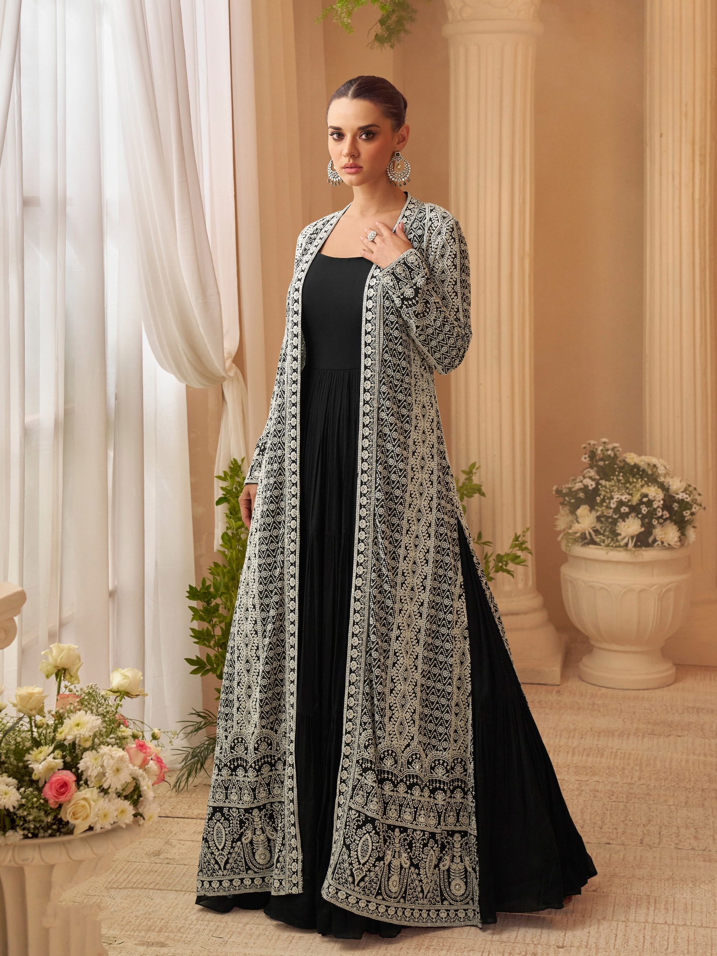 Black Geometric Heavy Designer Embroidery Chinon Jacket Gown